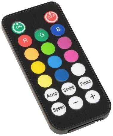 Eine schwarze Fernbedienung mit bunten Tasten. Oben befinden sich Ein- und Austasten. Weitere Tasten: RGB, Farbwechsel, Auto, Sound, Speed, Flash.