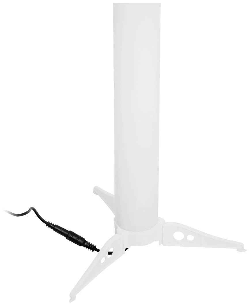 Ein weißer, zylinderförmiger Turmventilator mit drei Beinen und einem Netzkabel auf weißem Hintergrund.