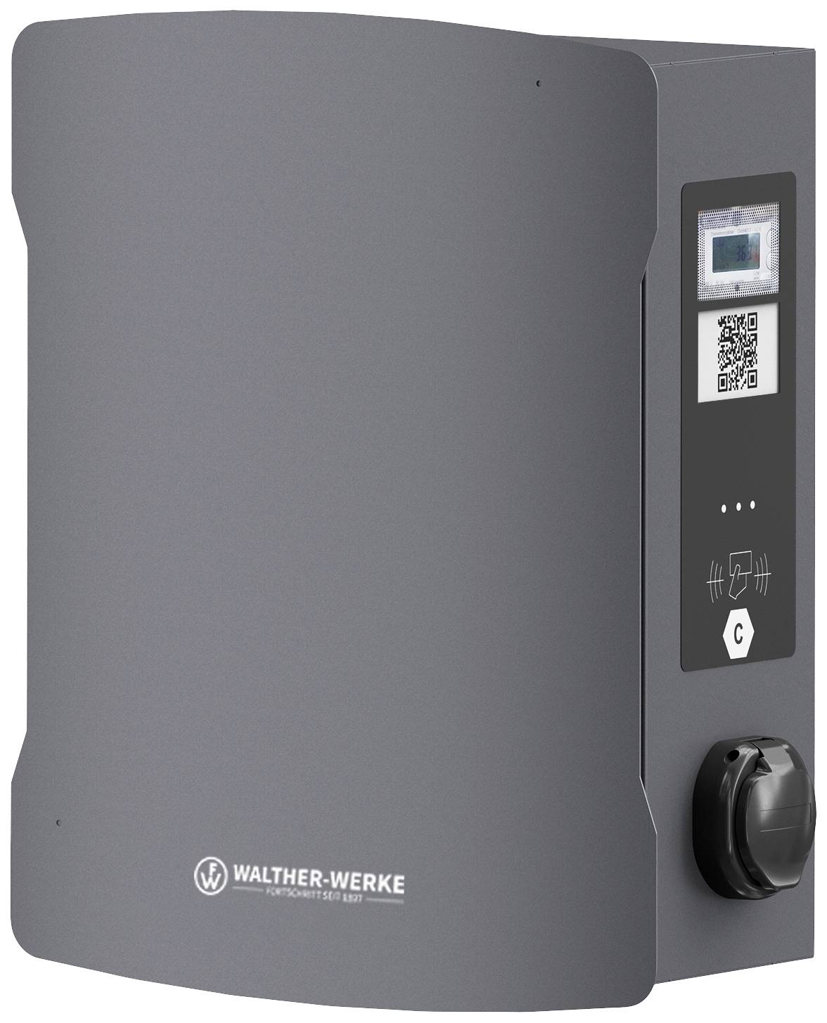 Ladestation der Marke Walther-Werke, grau, mit Display und QR-Code, geeignet für elektronische Geräte oder Fahrzeuge.