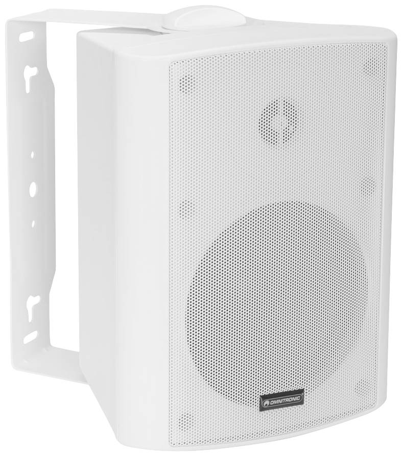 Ein weißer Lautsprecher mit Wandhalterung, geeignet für Innen- und Außenbereiche; bietet klare Audiowiedergabe für vielseitige Nutzung.