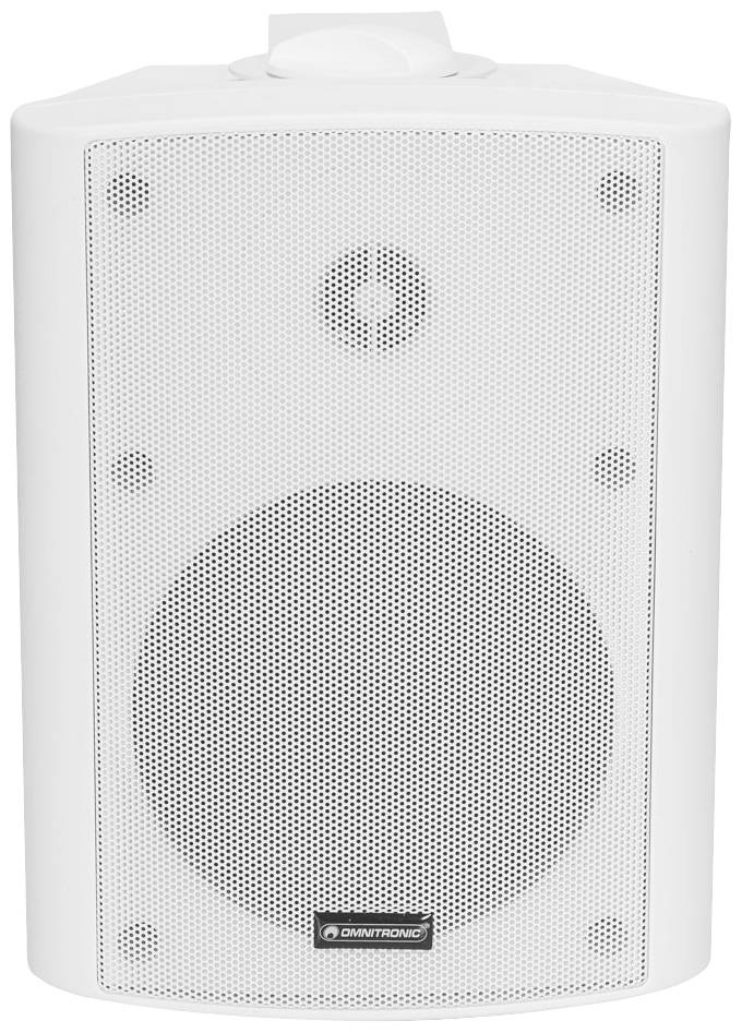 Ein weißer Lautsprecher mit Frontgitter. Oben ist ein kleinerer Hochtöner und darunter ein größerer Tieftöner erkennbar.