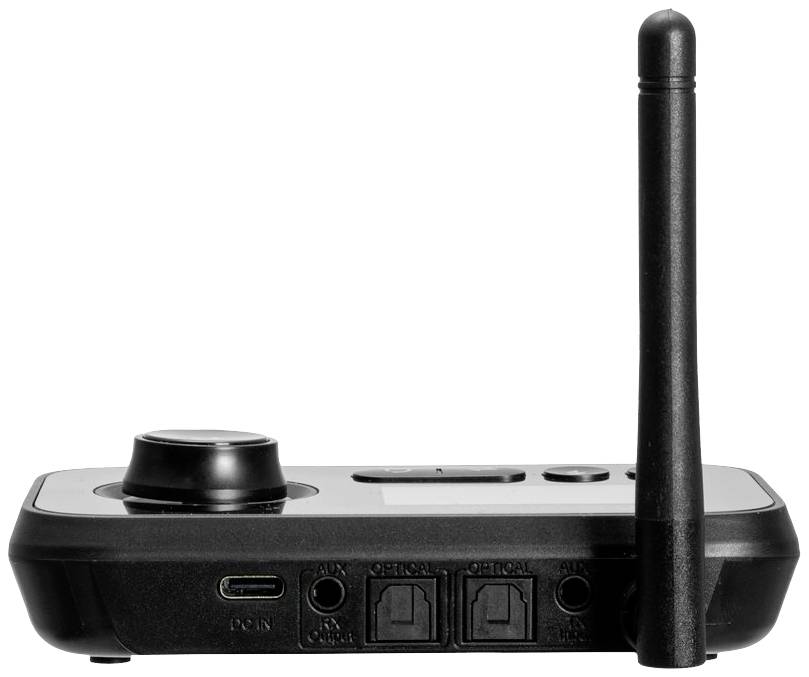 Ein drahtloser Audiotransmitter mit Antenne, mehreren Anschlüssen und einem Drehknopf, verwendet zur Audioübertragung über Funk.