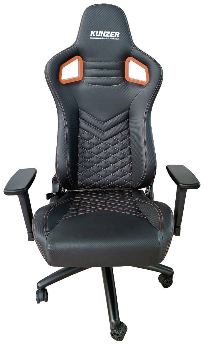 Schwarzer Gaming-Stuhl mit orangefarbenen Akzenten und verstellbaren Armlehnen, geeignet für langes Sitzen und Komfort.