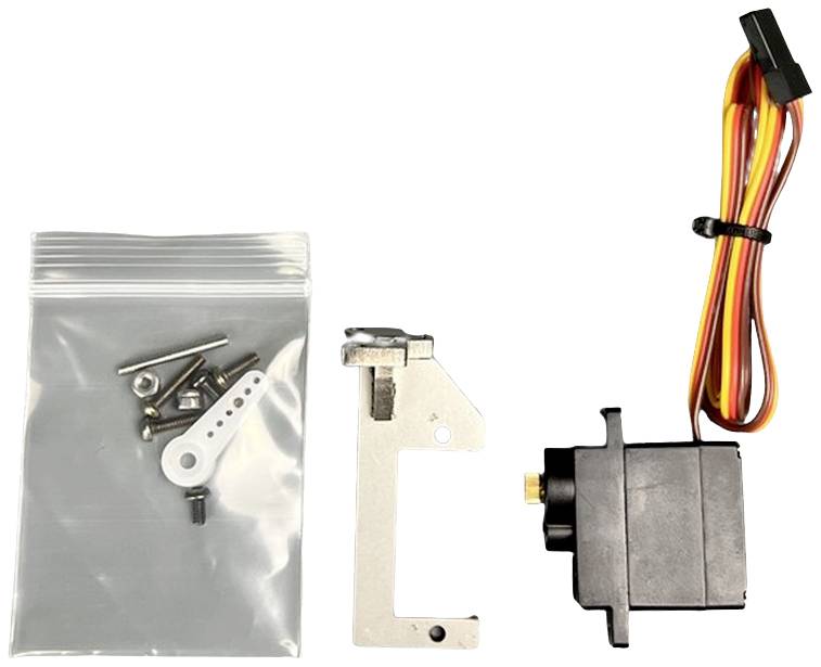 Ein Servomotor-Set mit Halterung, Schrauben und Kabeln, bereit zur Montage. Ideal für Modellbauprojekte oder Robotik.