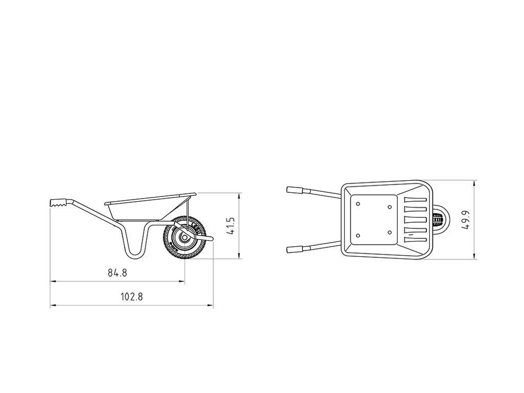 Zeichnung einer Schubkarre mit Maßen: Länge 102,8 cm, Höhe 41,5 cm, Breite 49,9 cm. Seiten- und Draufsicht zeigen Struktur und Details.