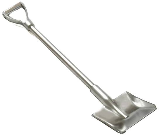 Eine silberne Schaufel mit D-Griff, liegend auf einer weißen Oberfläche.