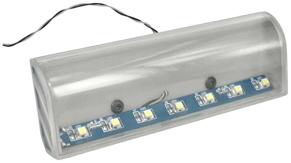 Ein LED-Leuchtstreifen in einem transparenten Gehäuse mit mehreren gelben Dioden und einem schwarzen Kabel.
