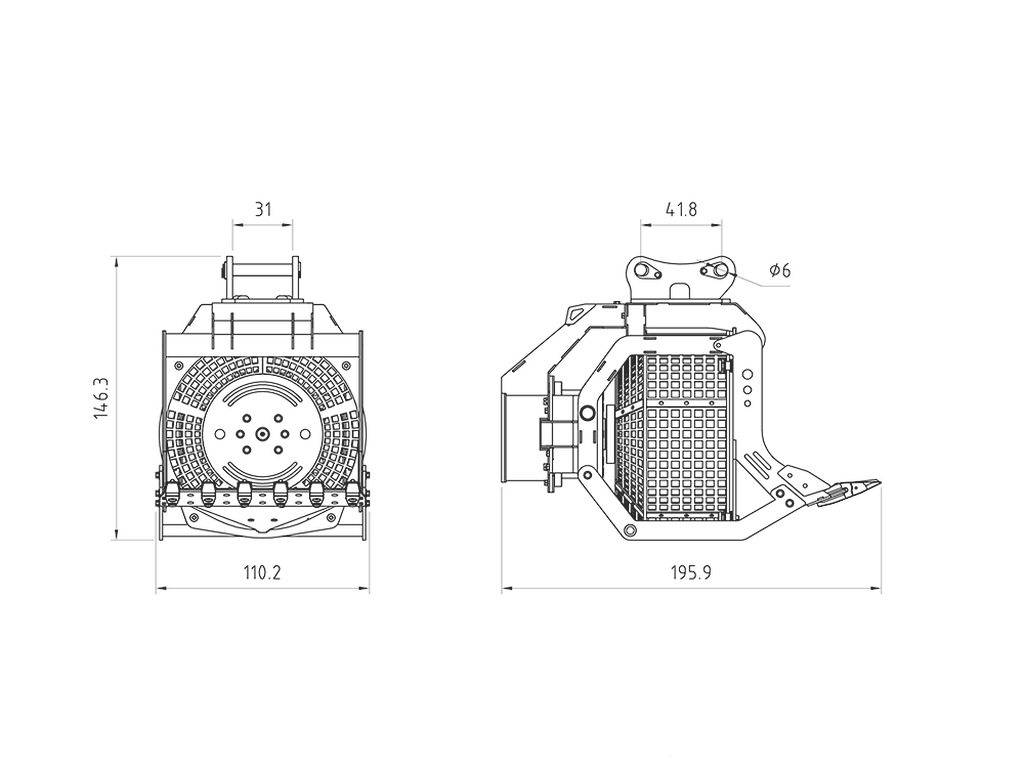Technische Zeichnung einer mechanischen Komponente mit Maßen in Millimetern. Zeigt Vorder- und Seitenansicht einer komplexen Maschine.