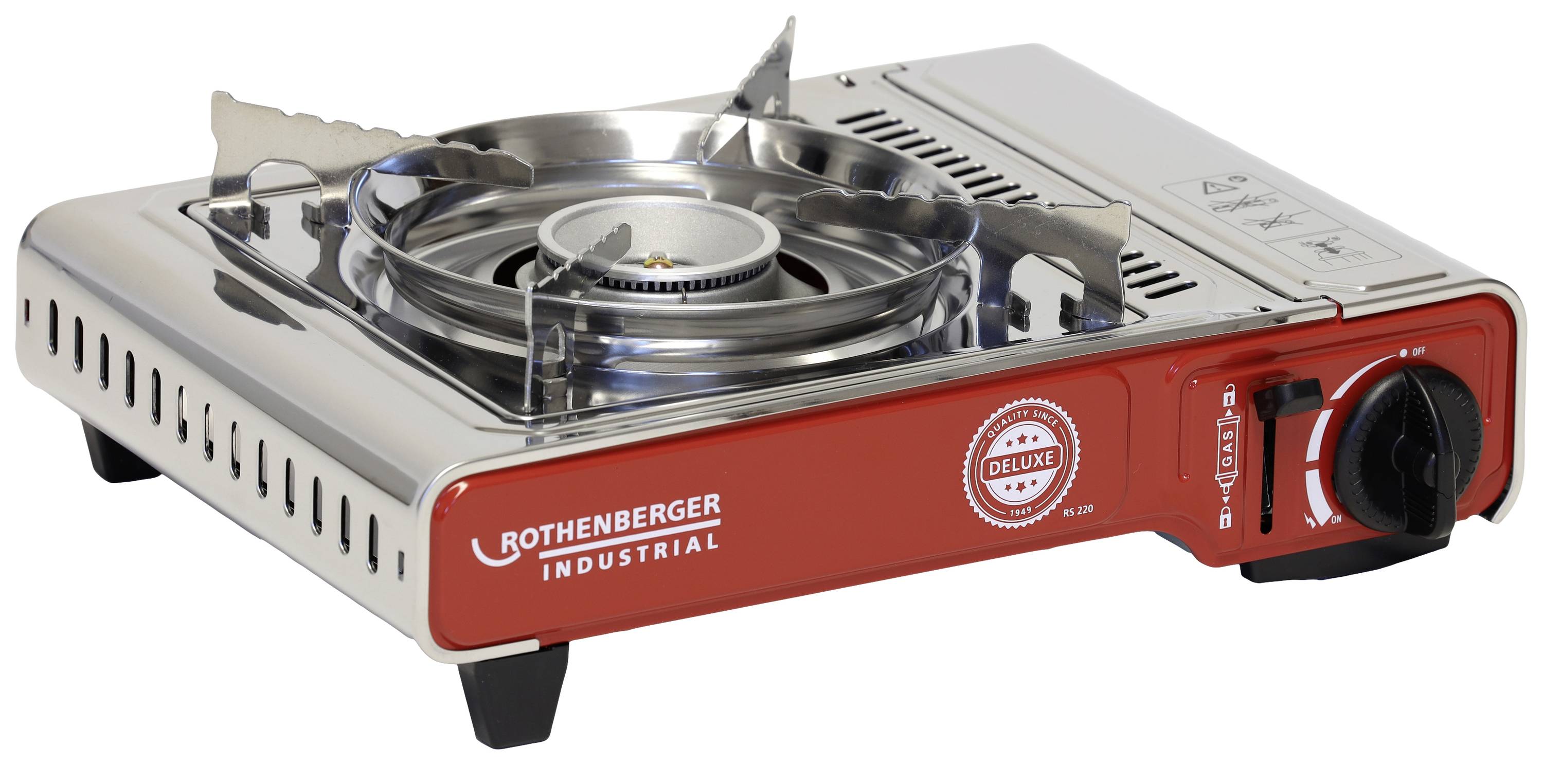 Ein tragbarer Camping-Gaskocher mit rotem Gehäuse und schwarzem Bedienknopf. Aluminiumbrenner und integrierter Topfhalter. Ideal für Outdoor-Aktivitäten.