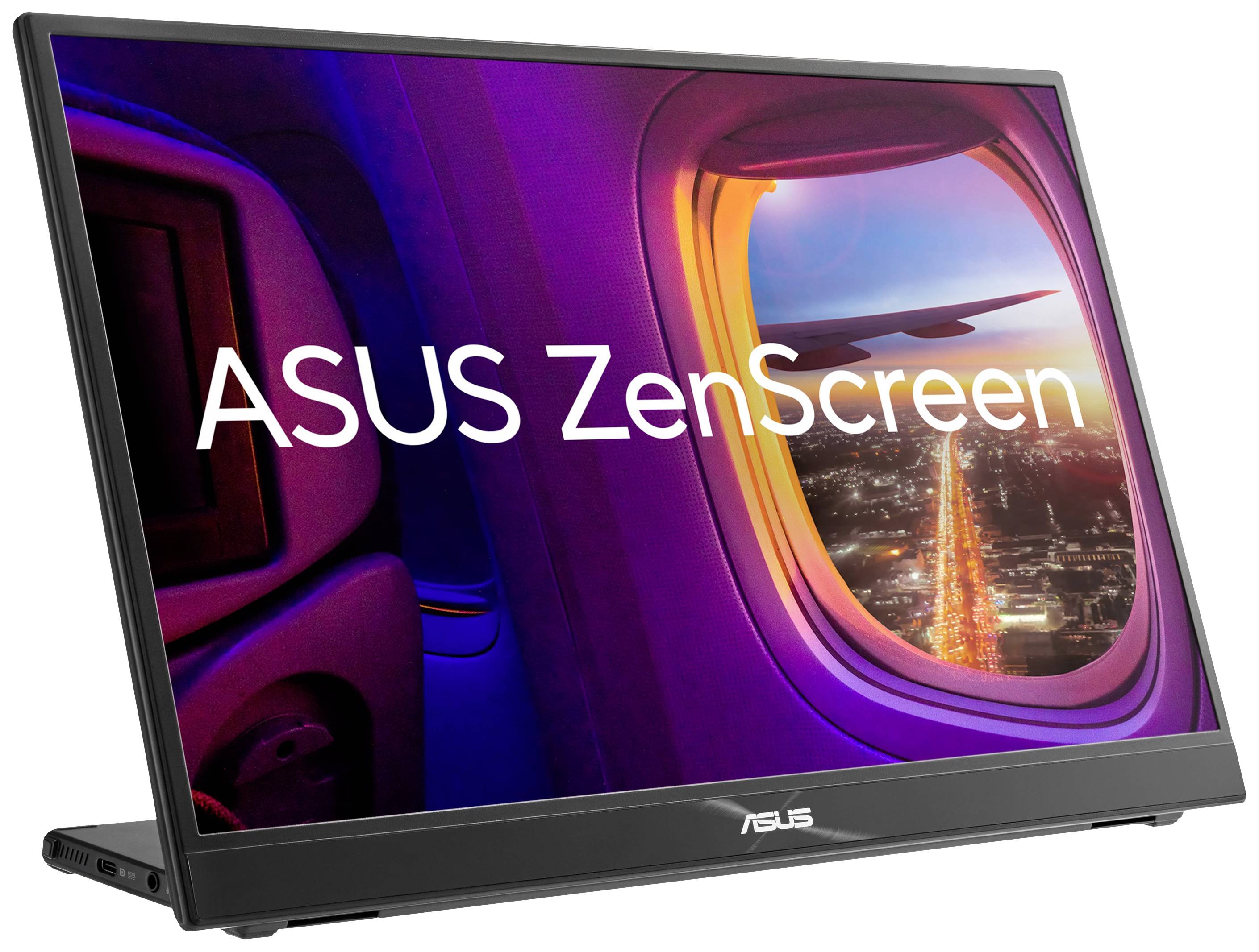 Mobiler Monitor ASUS ZenScreen, zeigt Stadtlichter durch ein Flugzeugfenster. Hauptmerkmal: große Tragbarkeit und klarer Bildschirm.