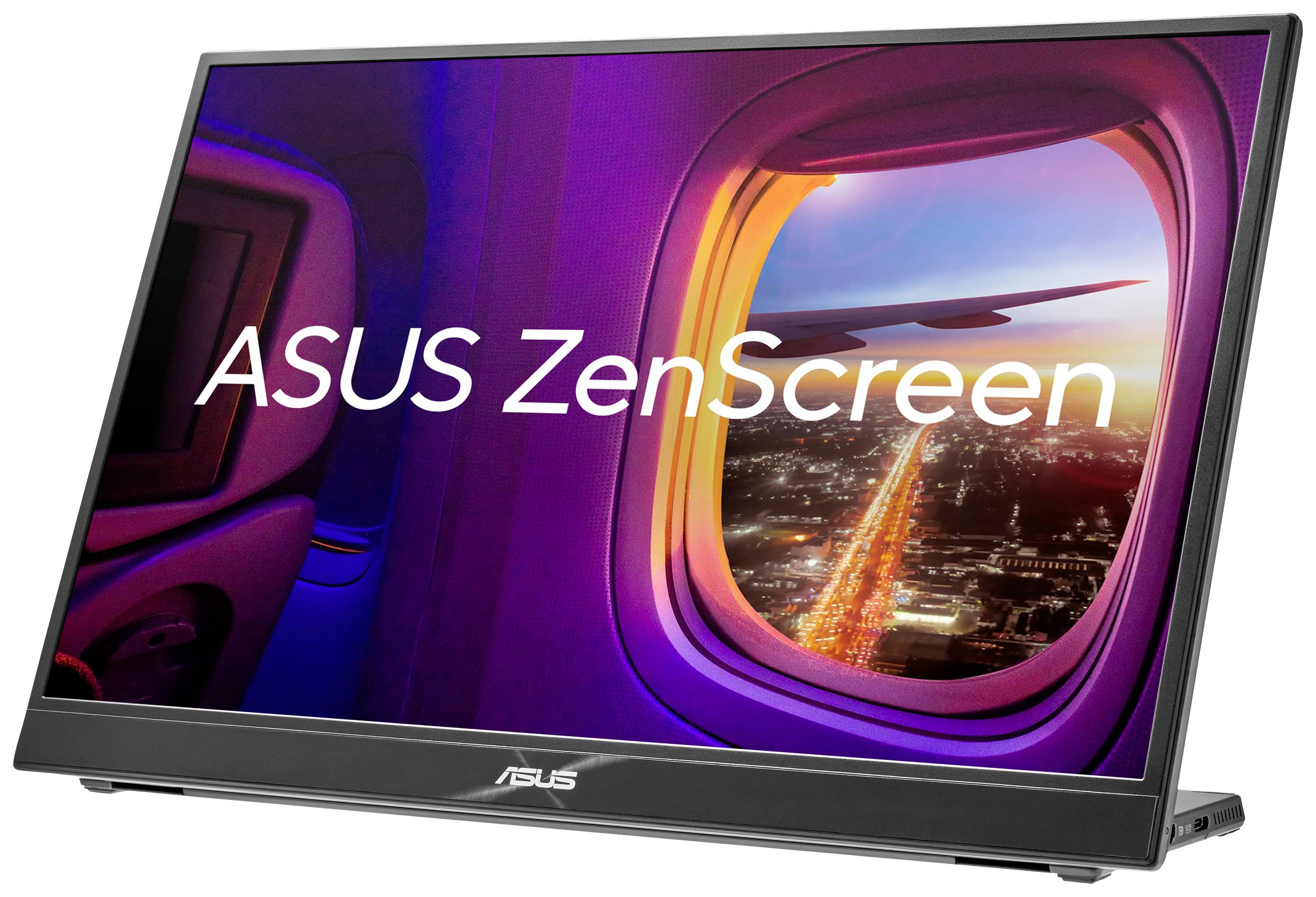 Ein ASUS ZenScreen-Monitor zeigt ein Fensteransicht aus einem Flugzeug mit leuchtender Stadtlandschaft bei Nacht.