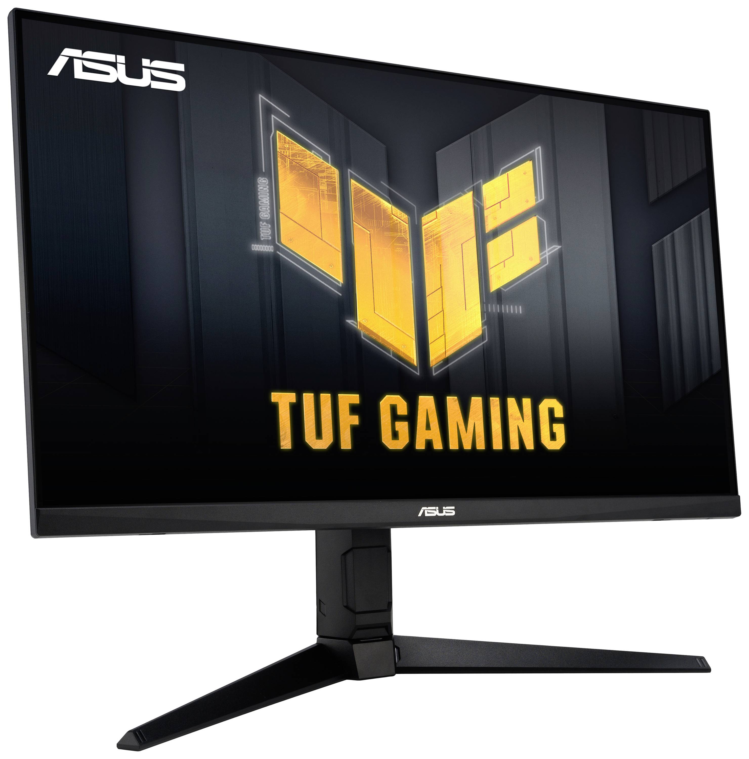 Ein ASUS TUF Gaming-Monitor mit schlankem Design, zeigt das TUF Gaming-Logo auf dem Bildschirm.