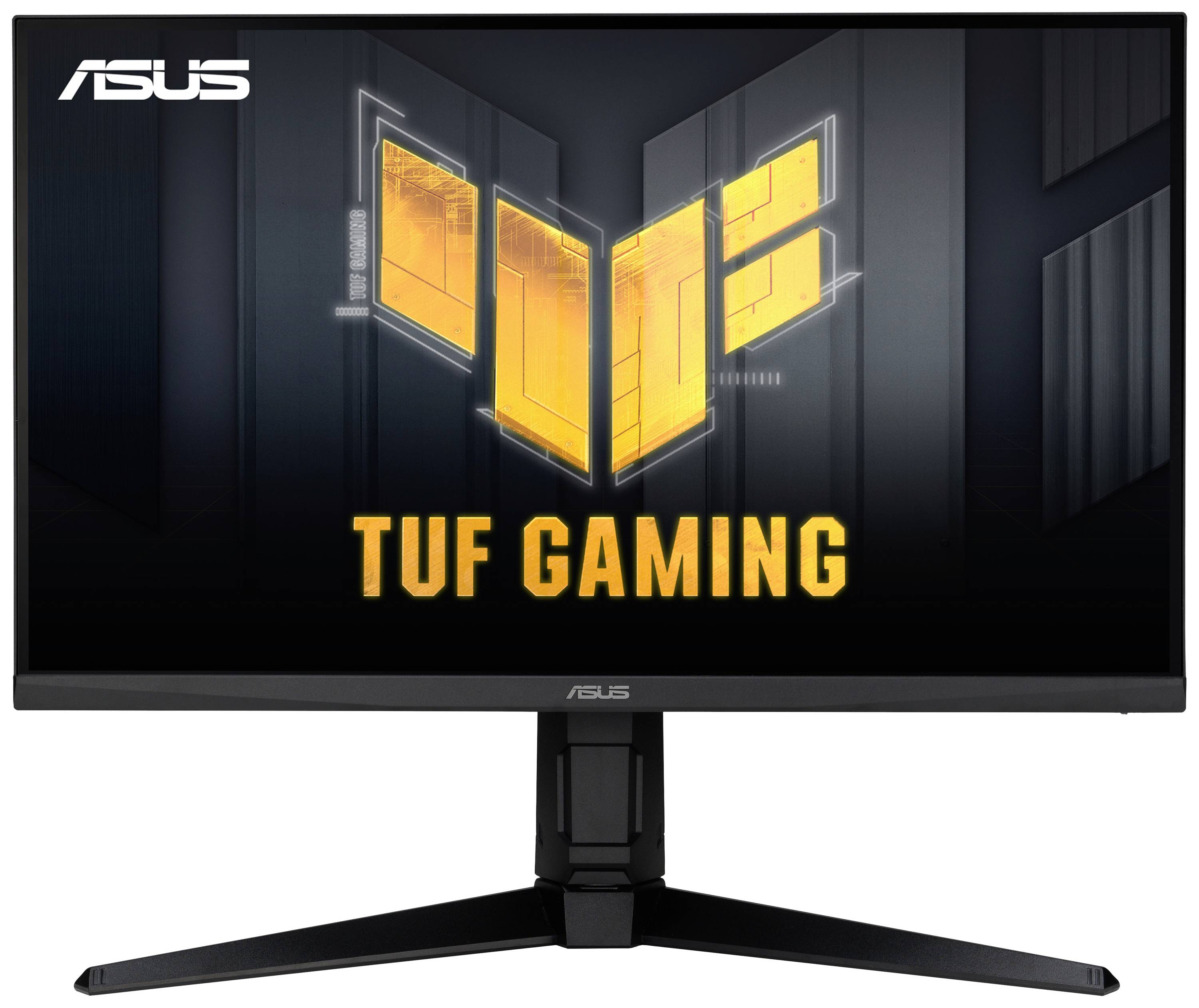 Ein Asus TUF Gaming Monitor mit schwarzem Gehäuse. Das Display zeigt ein gelb-orangefarbenes Logo und Schriftzug 'TUF GAMING'.