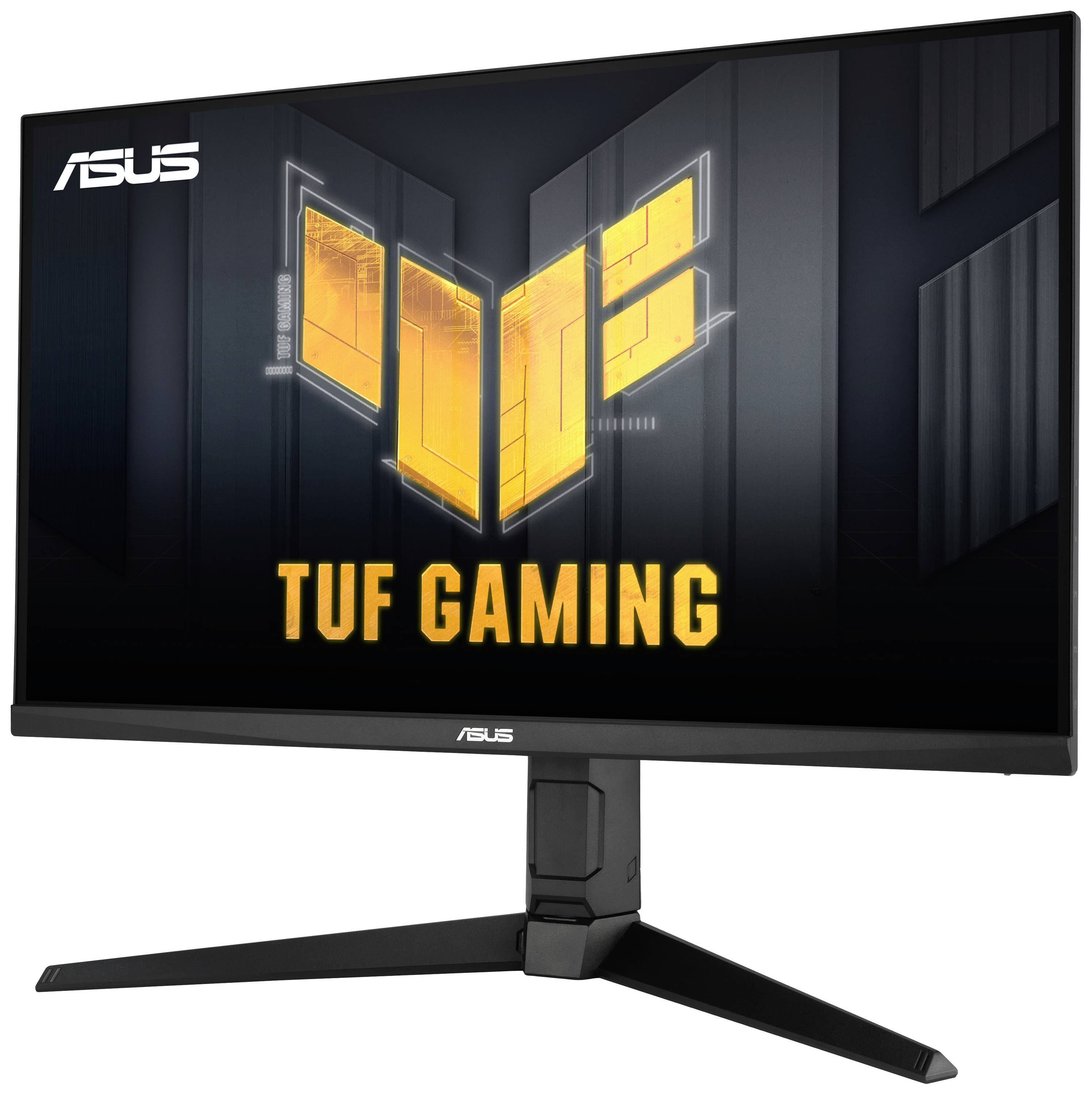 Ein Computerbildschirm mit 'TUF Gaming'-Logo und Markenname 'ASUS' auf schwarzem Hintergrund.
