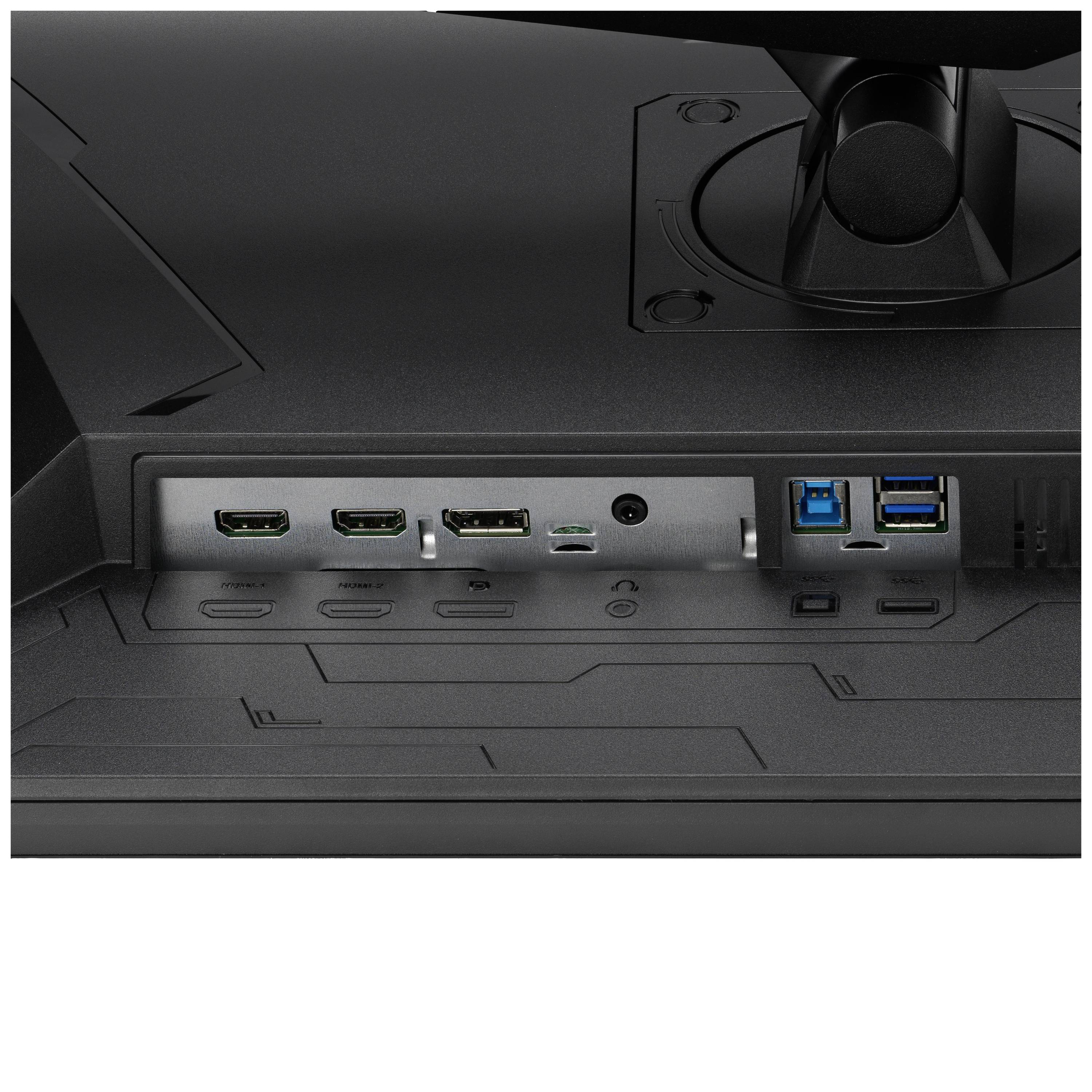 Ein Monitor mit Anschlüssen: HDMI, DisplayPort, USB, Audio. Sichtbar sind drei USB-Ports, zwei HDMI-Anschlüsse und ein DisplayPort.