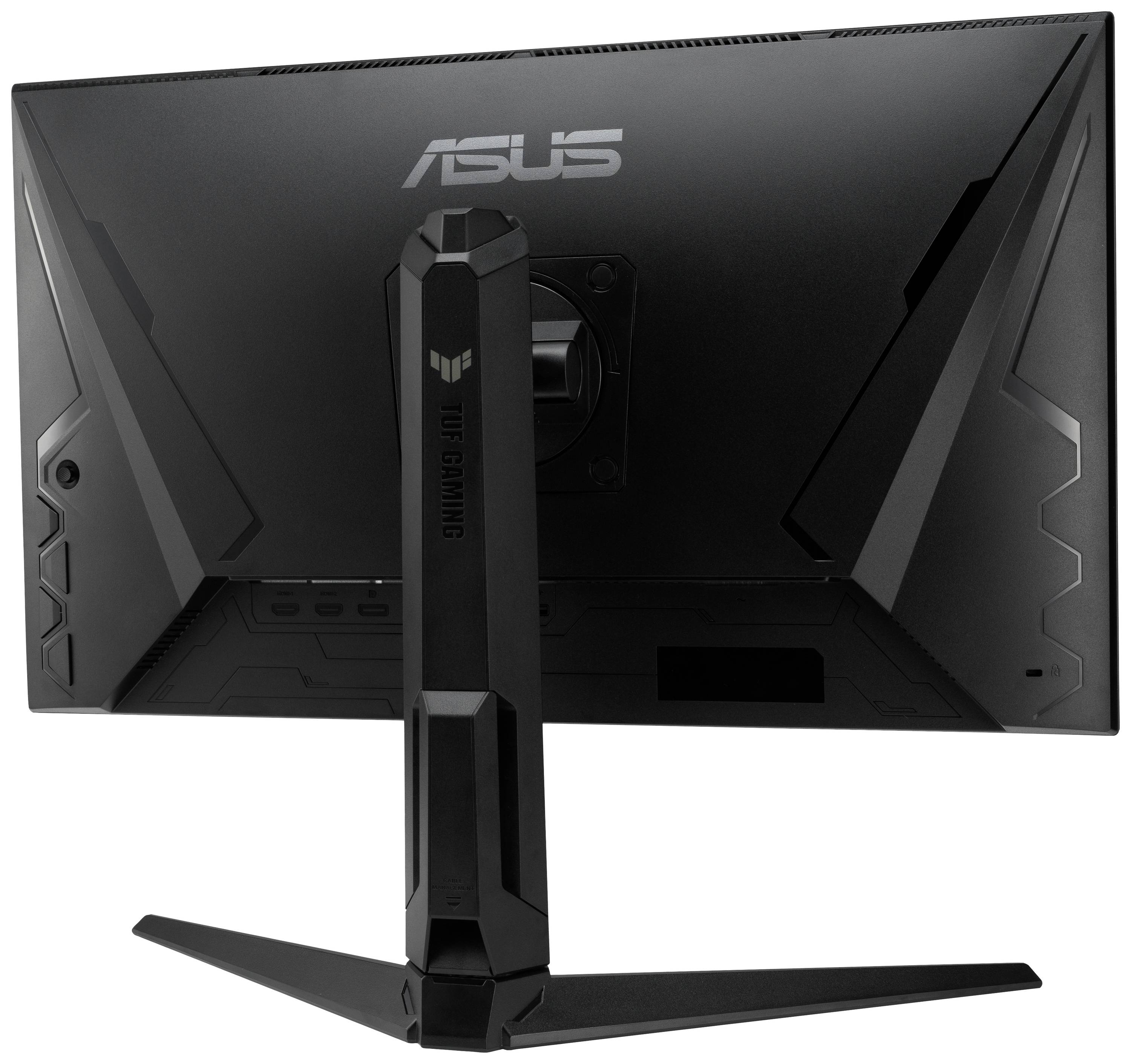Ein schwarzer Computermonitor der Marke Asus, Modell TUF Gaming, ist von hinten zu sehen, auf einem stabilen, geometrischen Standfuß.
