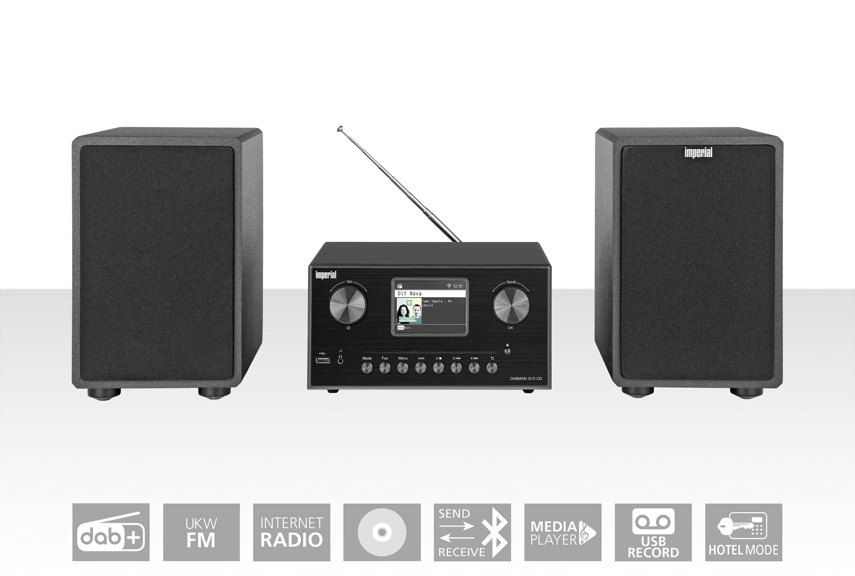 Stereoanlage mit Frontdisplay, zwei Lautsprechern und einer Antenne. Unterstützt DAB+, UKW, Internetradio, USB, Media Player.