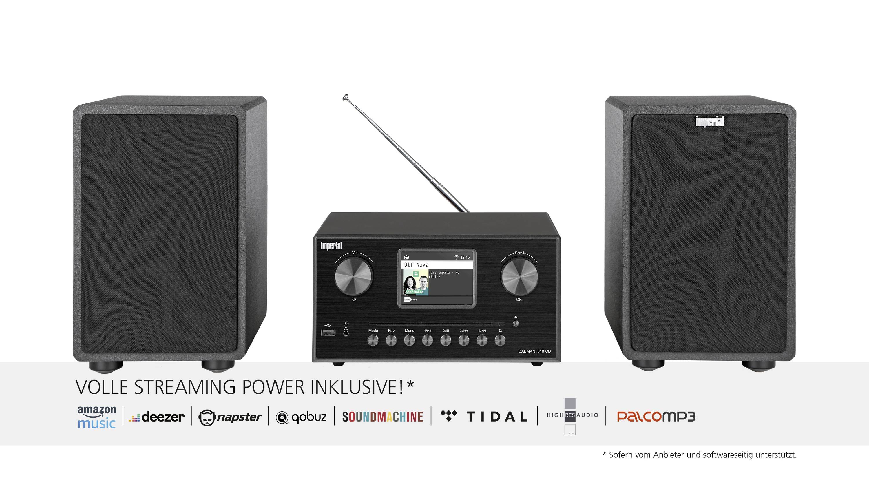 Zwei schwarze Lautsprecher und ein Radio mit Bildschirm. Der Text darunter besagt 'Volle Streaming Power inklusive!' und listet Musikdienste.