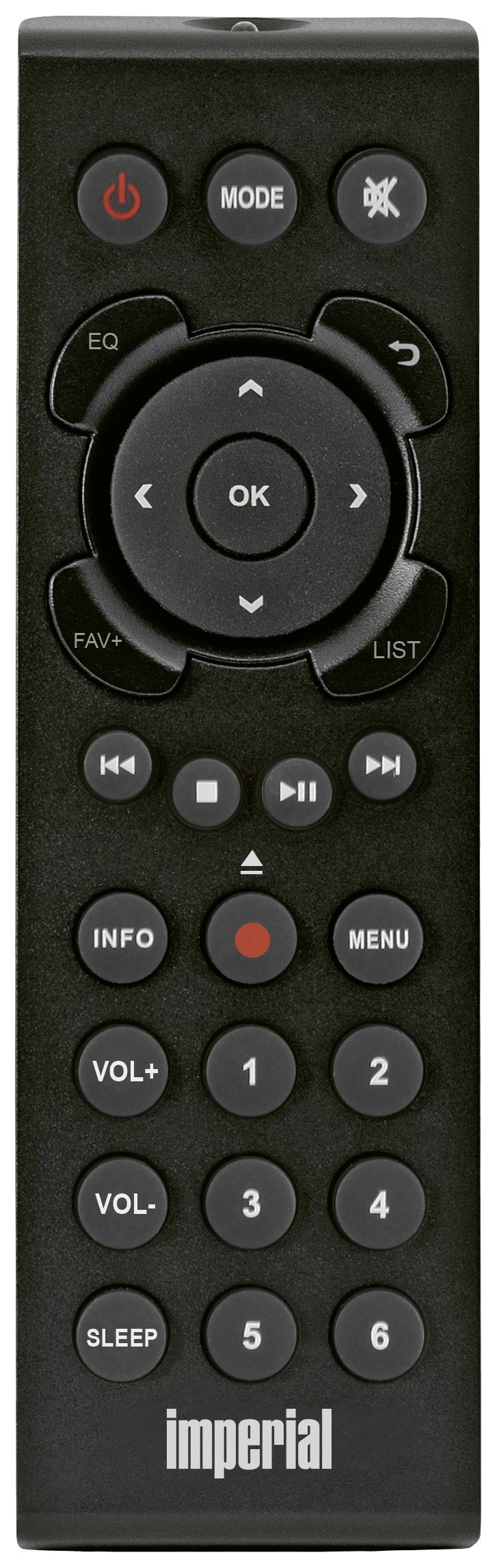 Schwarze Fernbedienung mit Tasten für Lautstärke, Kanalwechsel, Menü, Info und Wiedergabe/Pause. Oben Tasten für EQ und Stummschaltung.