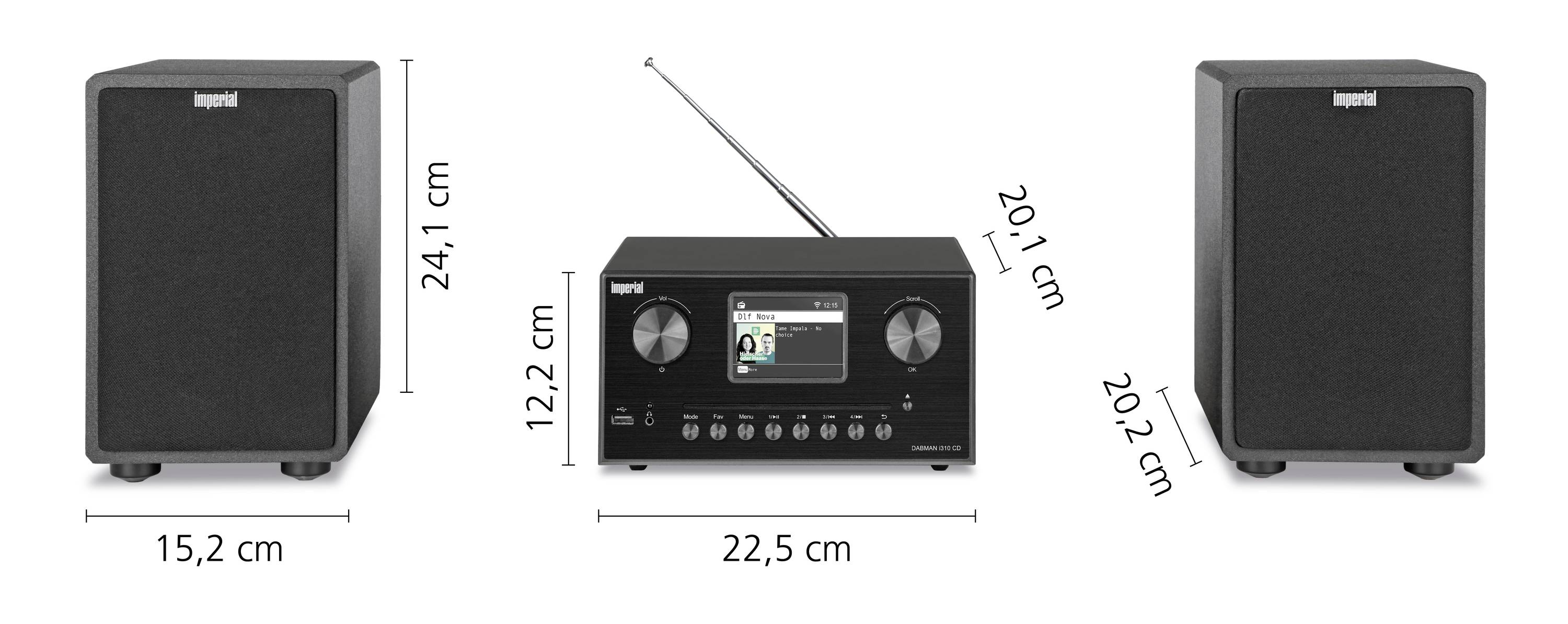 'Imperial' Soundsystem bestehend aus zwei Lautsprechern und einem Hauptgerät mit Display und Antenne. Maße: Lautsprecher 15,2 x 24,1 cm, Hauptgerät 22,5 x 12,2 cm.