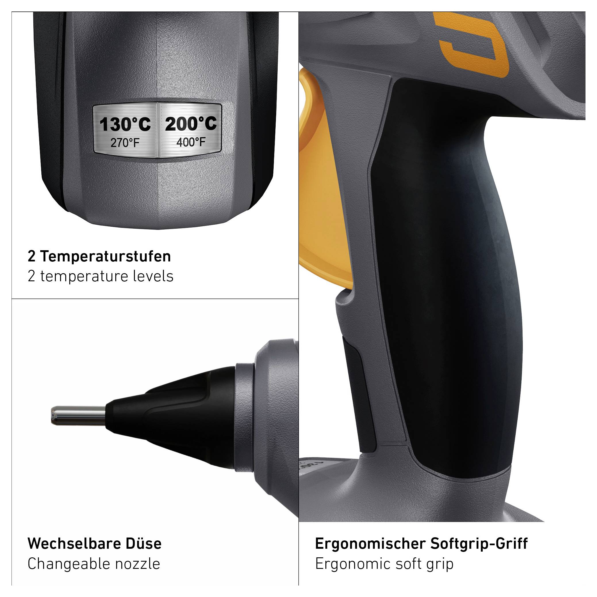 Produktabbildung eines Heißluftgebläses mit 2 Temperaturstufen (130°C/200°C), wechselbarer Düse und ergonomischem Softgrip-Griff.