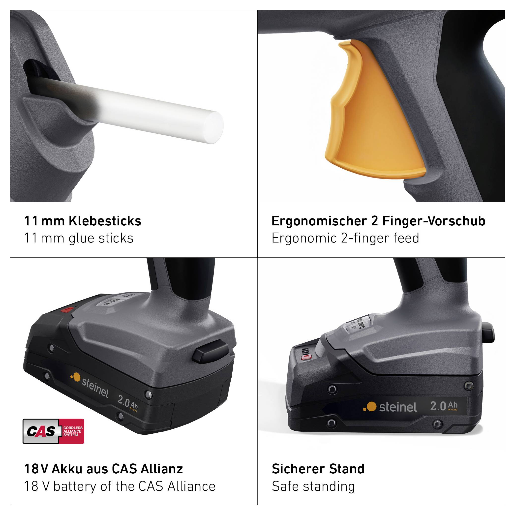 Vierteiliges Infobild zur Heißklebepistole: 11-mm-Klebesticks, ergonomischer 2-Finger-Vorschub, 18-V-CAS-Akku und sicherer Stand.