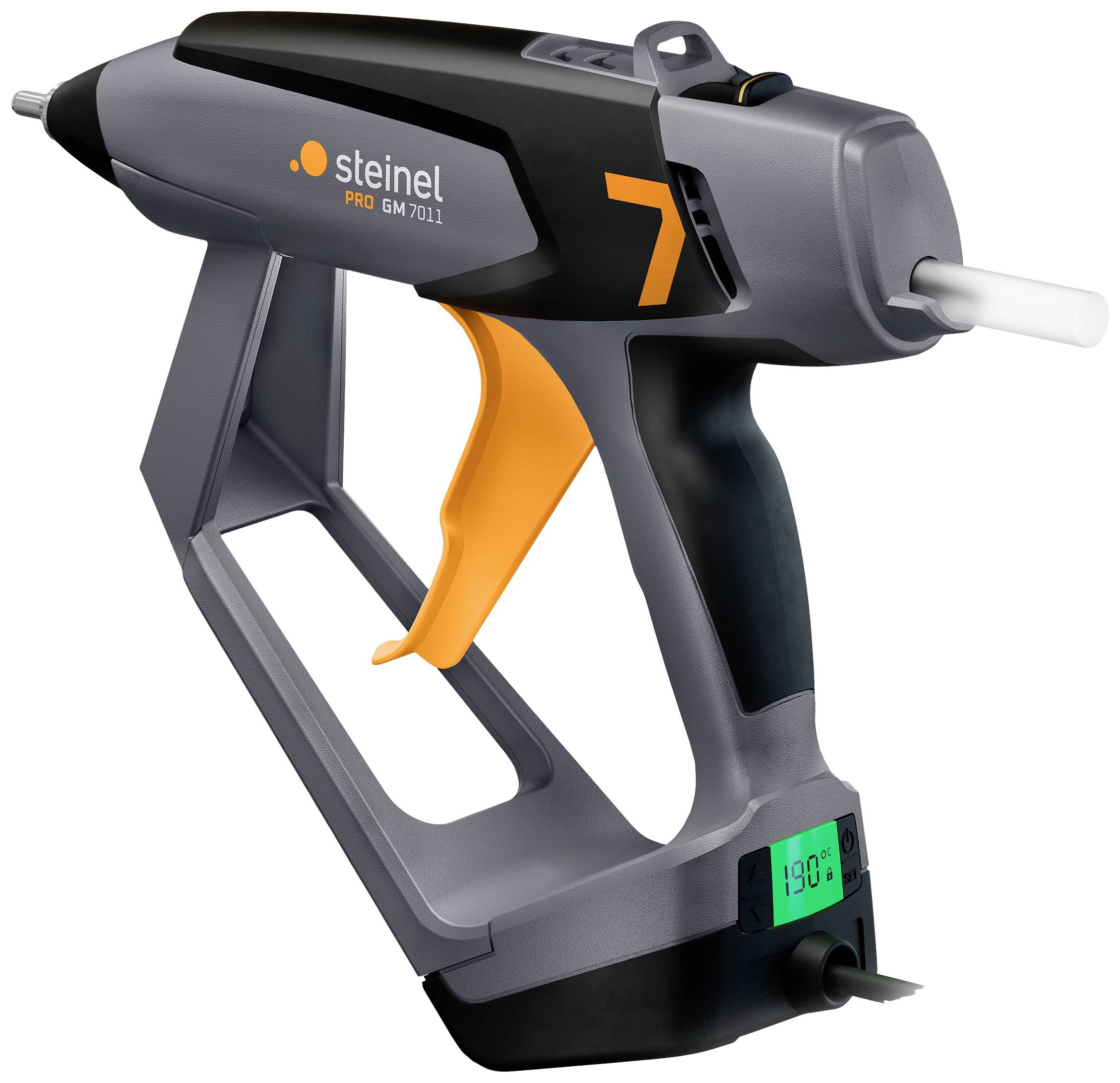 Heißklebepistole mit digitaler Temperaturanzeige und ergonomischem Griff, Marke 'steinel'. geeignet für präzise Klebeanwendungen.