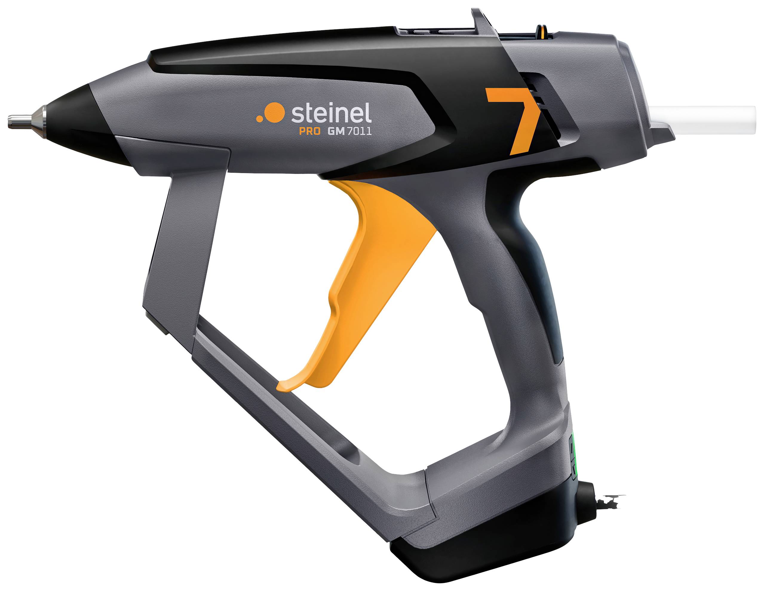 Eine graue, elektrische Heißklebepistole mit orangem Auslöser. Modell: Steinel GluePRO 7011.