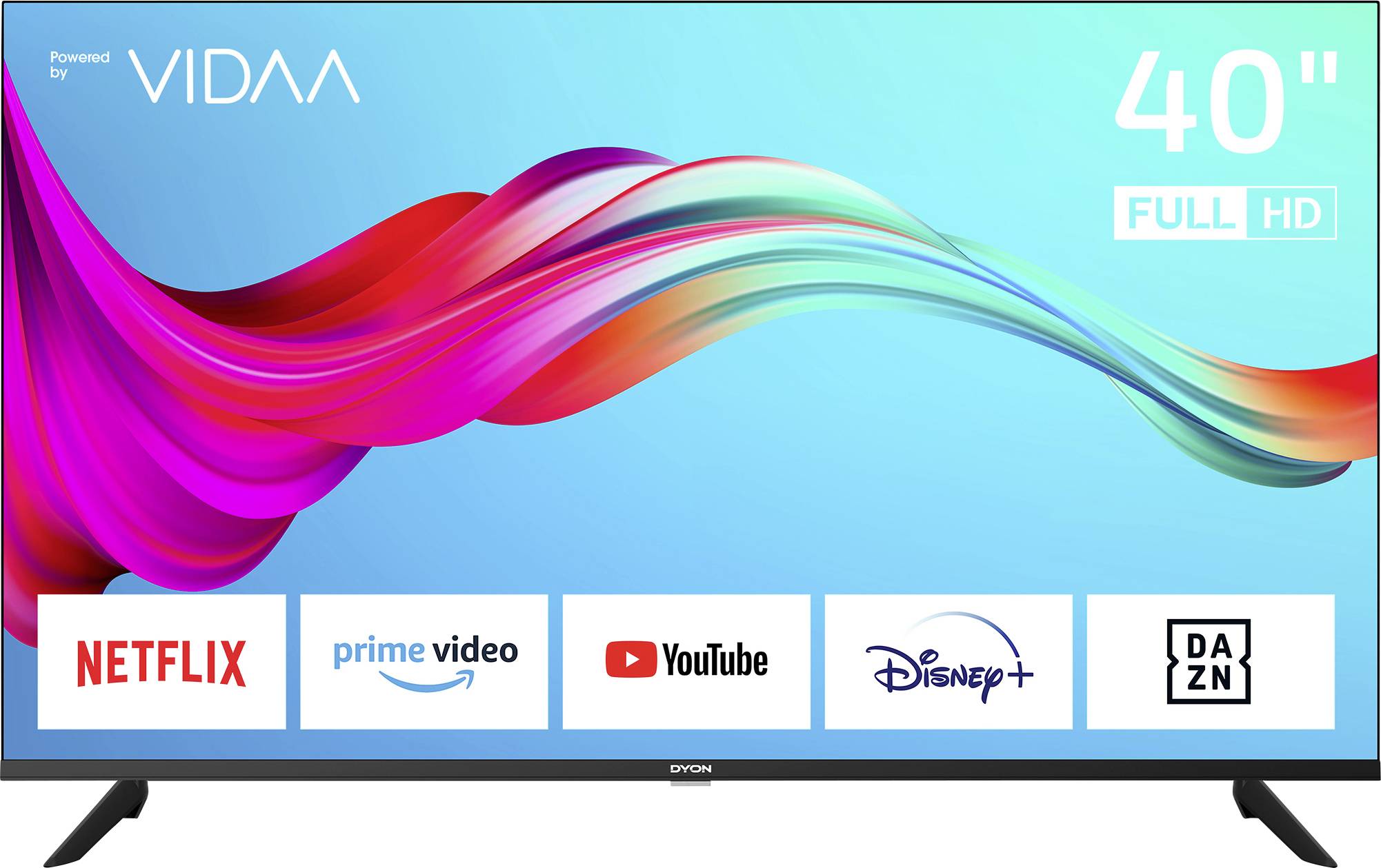 Ein 40-Zoll-Fernseher mit buntem Bildschirm, Logos von Streaming-Diensten wie Netflix, Prime Video, YouTube, Disney+ und DAZN.