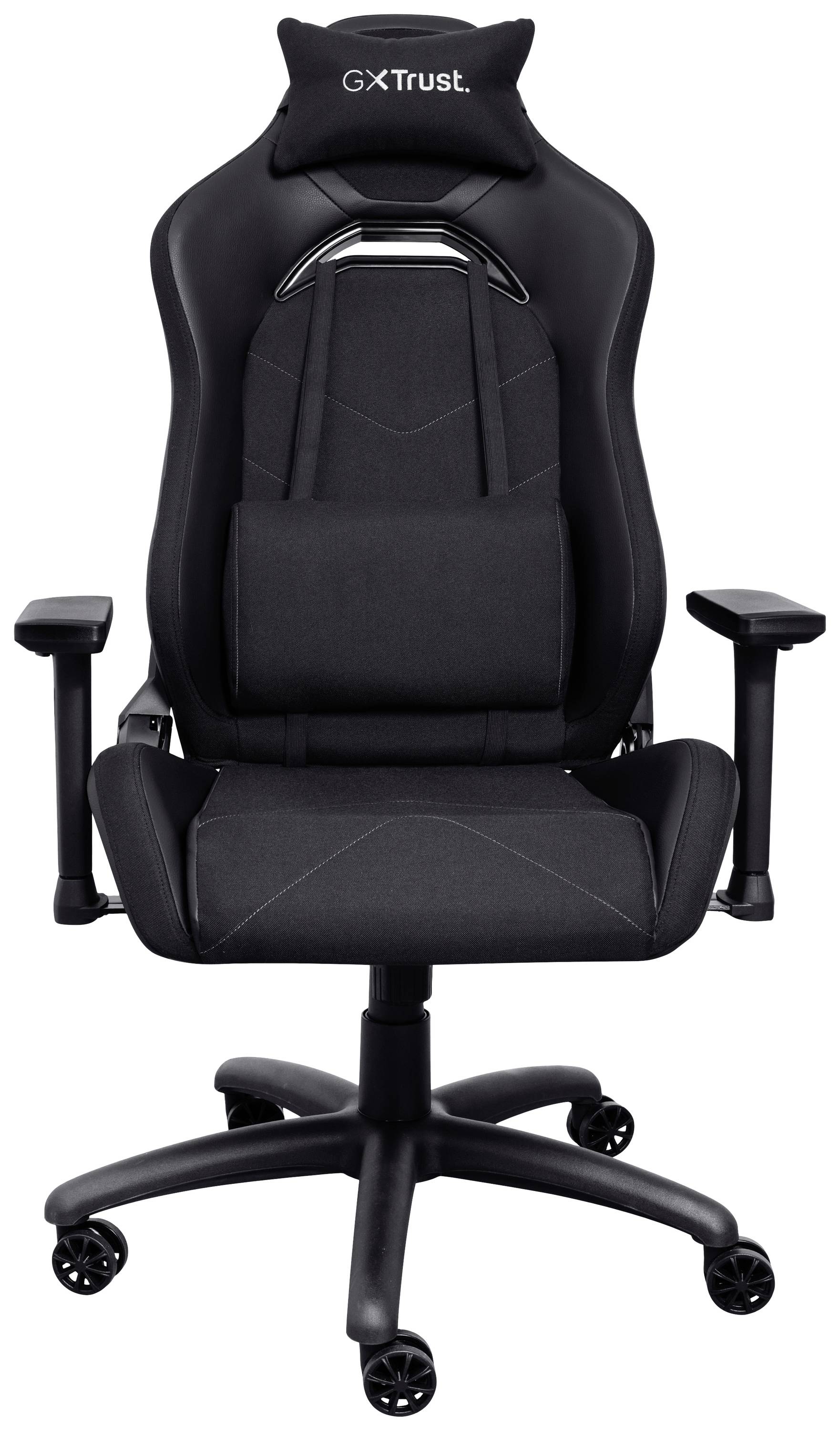 Schwarzer Gaming-Stuhl mit Kopfstütze und Lendenkissen, verstellbaren Armlehnen, hoher Rückenlehne und fünf Rollen.