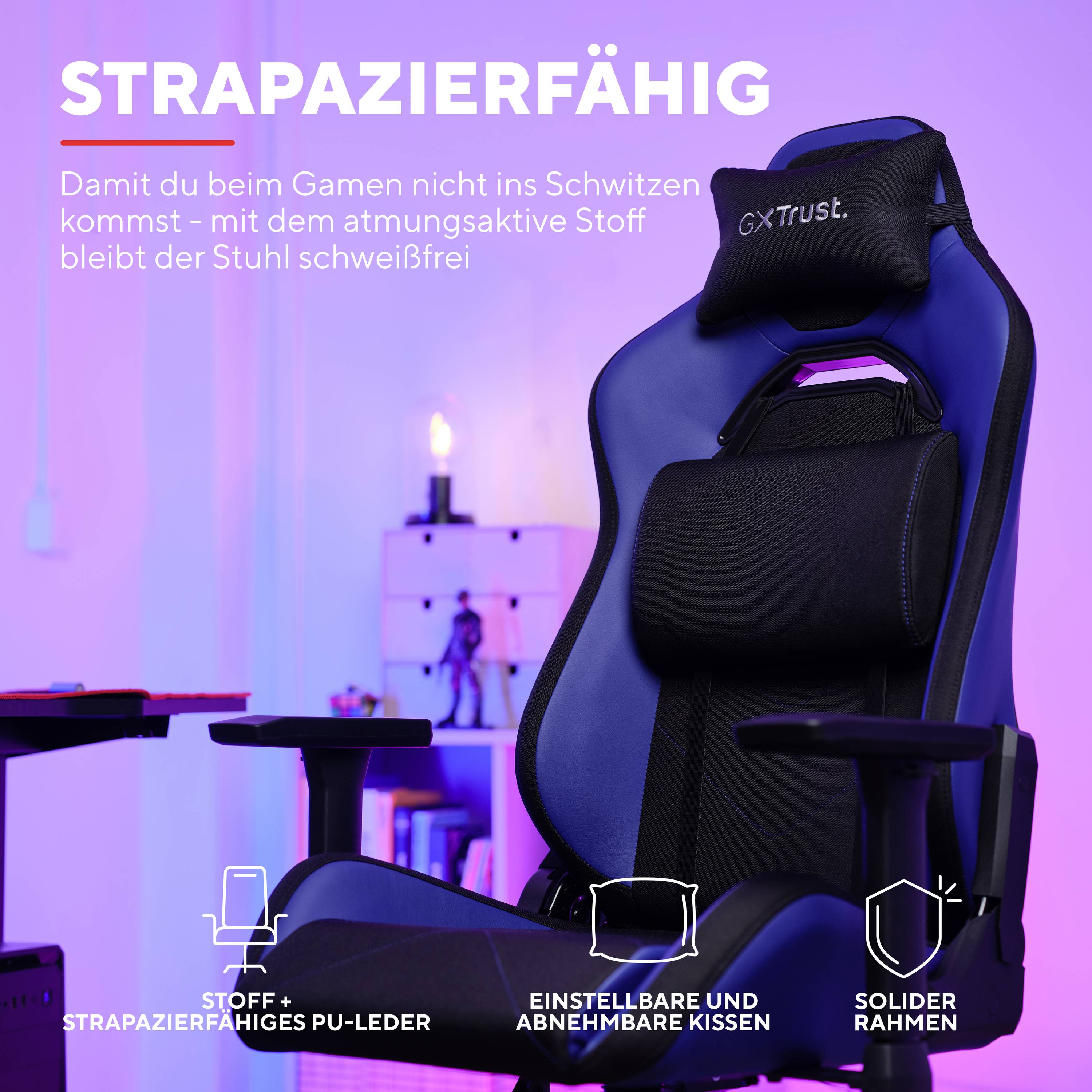 Ein ergonomischer Gaming-Stuhl in Schwarz und Blau mit atmungsaktivem Stoff. Text oben: Strapazierfähig. Text unten: Damit du beim Gamen nicht ins Schwitzen kommst – mit dem atmungsaktiven Stoff bleibt der Stuhl schweißfrei.