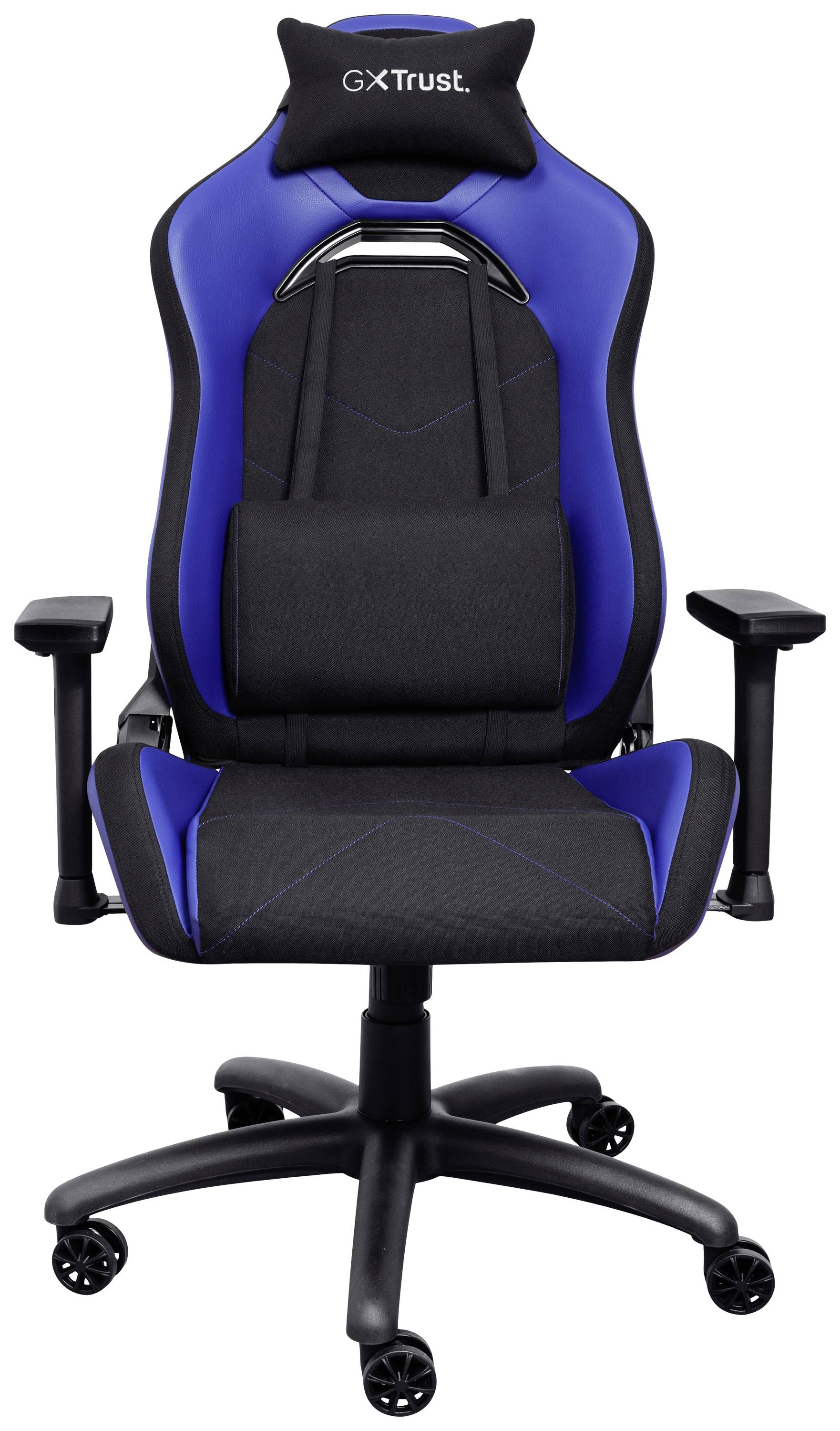 Ein Gaming-Stuhl mit blauer Polsterung und schwarzen Akzenten. Er hat verstellbare Armlehnen und eine ergonomische Rückenlehne.