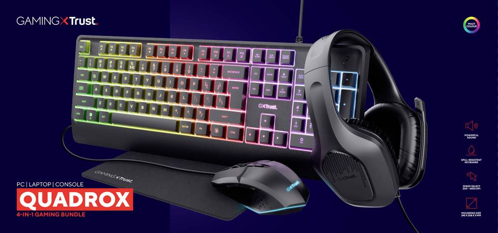 Trust GXT 792 Quadrox 4-in-1 USB Gaming-Tastatur, Maus-Set Beleuchtet, Inkl. Gaming Headset und Mauspad Deutsch, QWERTZ Schwarz