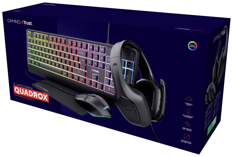 Trust GXT 792 Quadrox 4-in-1 USB Gaming-Tastatur, Maus-Set Beleuchtet, Inkl. Gaming Headset und Mauspad Deutsch, QWERTZ Schwarz