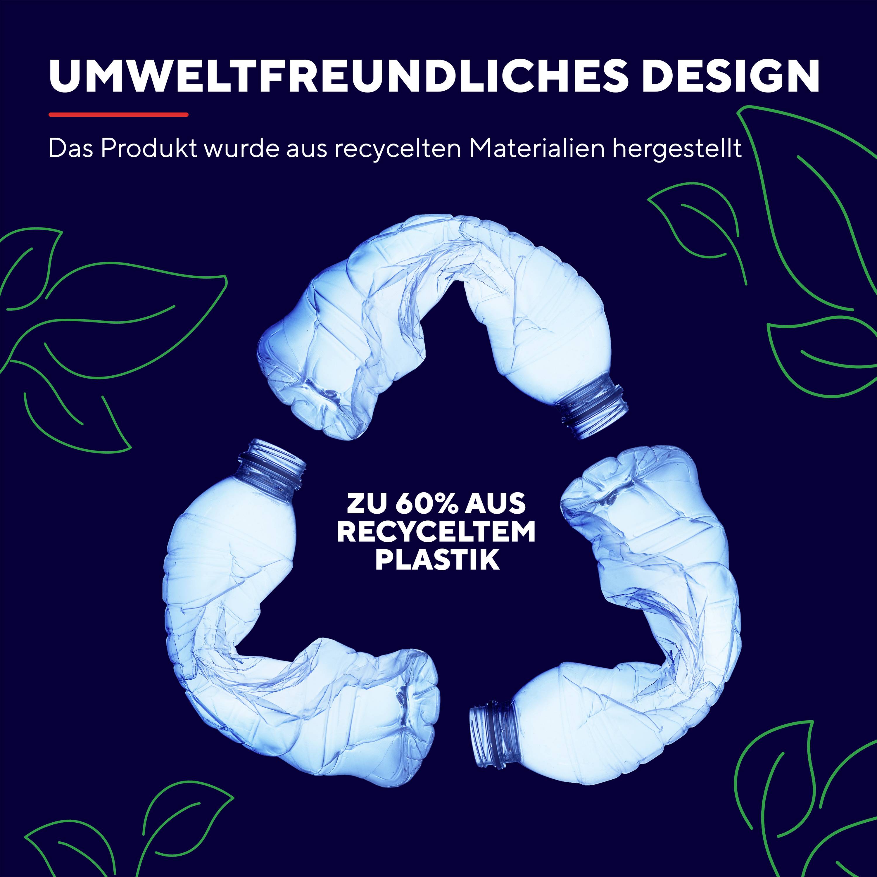 Umweltfreundliches Design: Das Produkt wurde aus recycelten Materialien hergestellt. Zu 60% aus recyceltem Plastik.