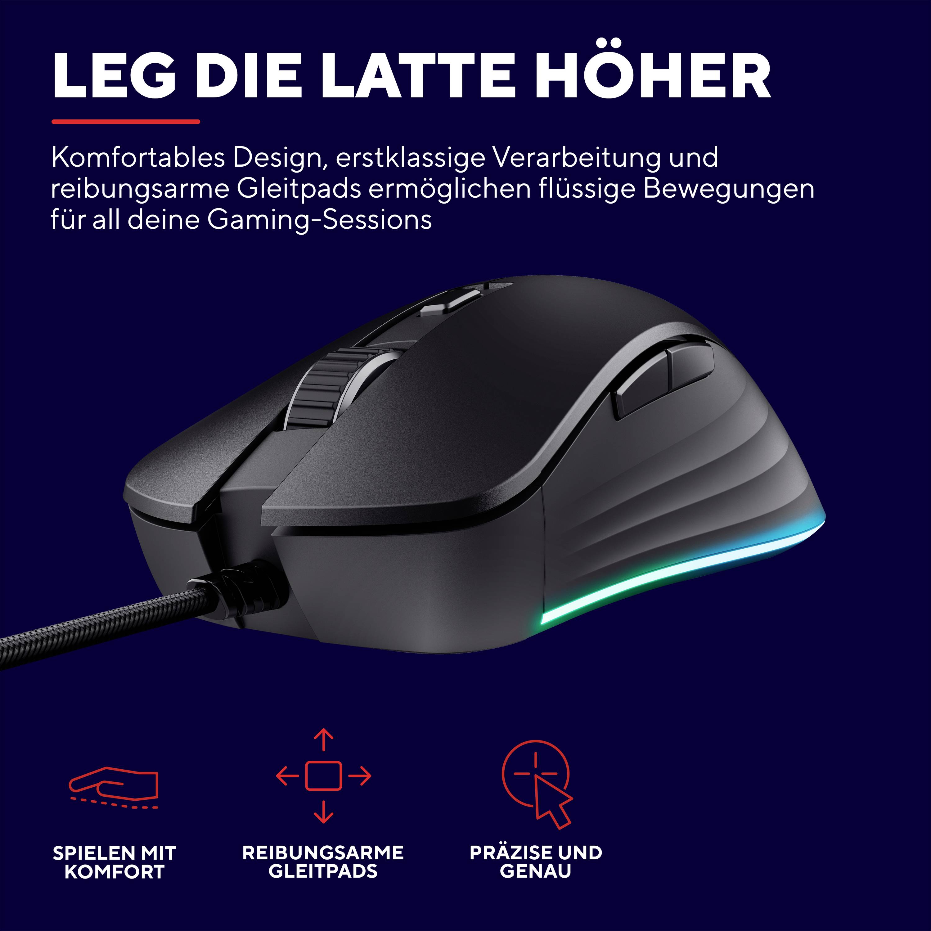 'Leg die Latte höher': Schwarze Gaming-Maus mit Kabel, komfortables Design, reibungsarme Gleitpads und leuchtende RGB-Elemente.