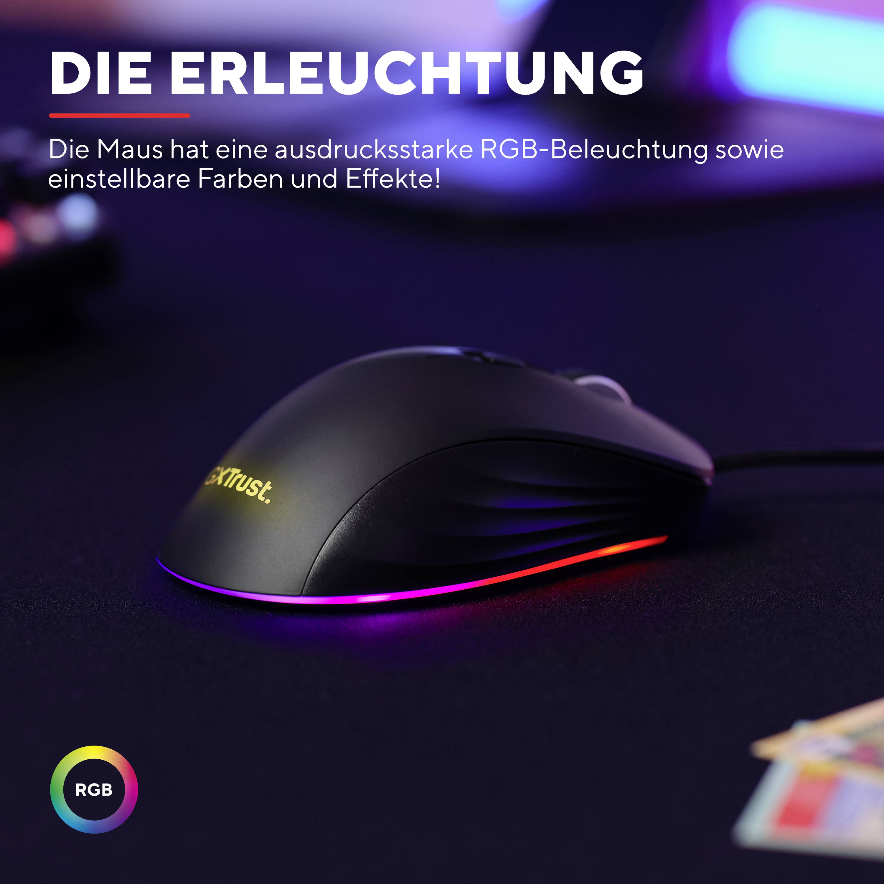 Werbung für eine Computermaus mit RGB-Beleuchtung. Der Text hebt die anpassbaren Farben und Effekte der Maus hervor.
