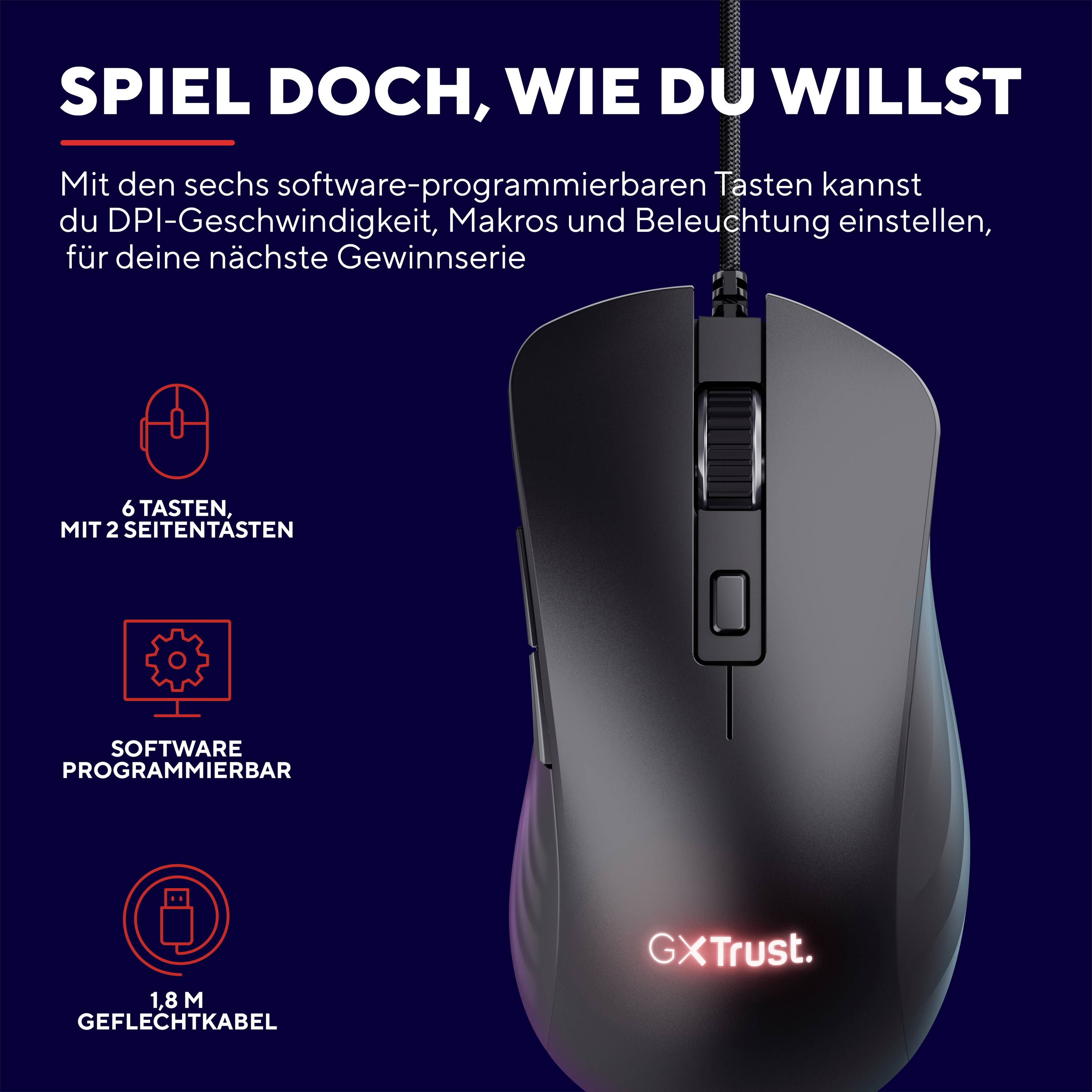 Gaming-Maus mit sechs Tasten, programmierbarer Software, Makros und einstellbarer DPI-Empfindlichkeit, geeignet für Gewinnserien.