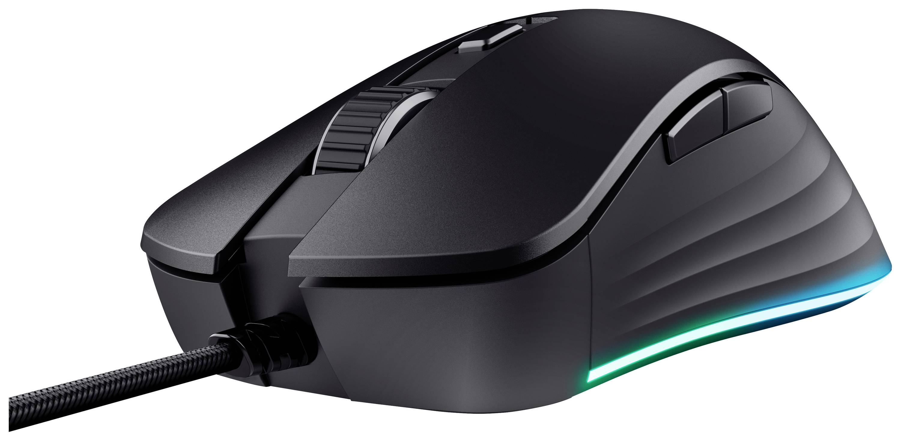 Schwarze Computermaus mit ergonomischem Design, beleuchtetem LED-Streifen an der Seite und einem geflochtenen Anschlusskabel.