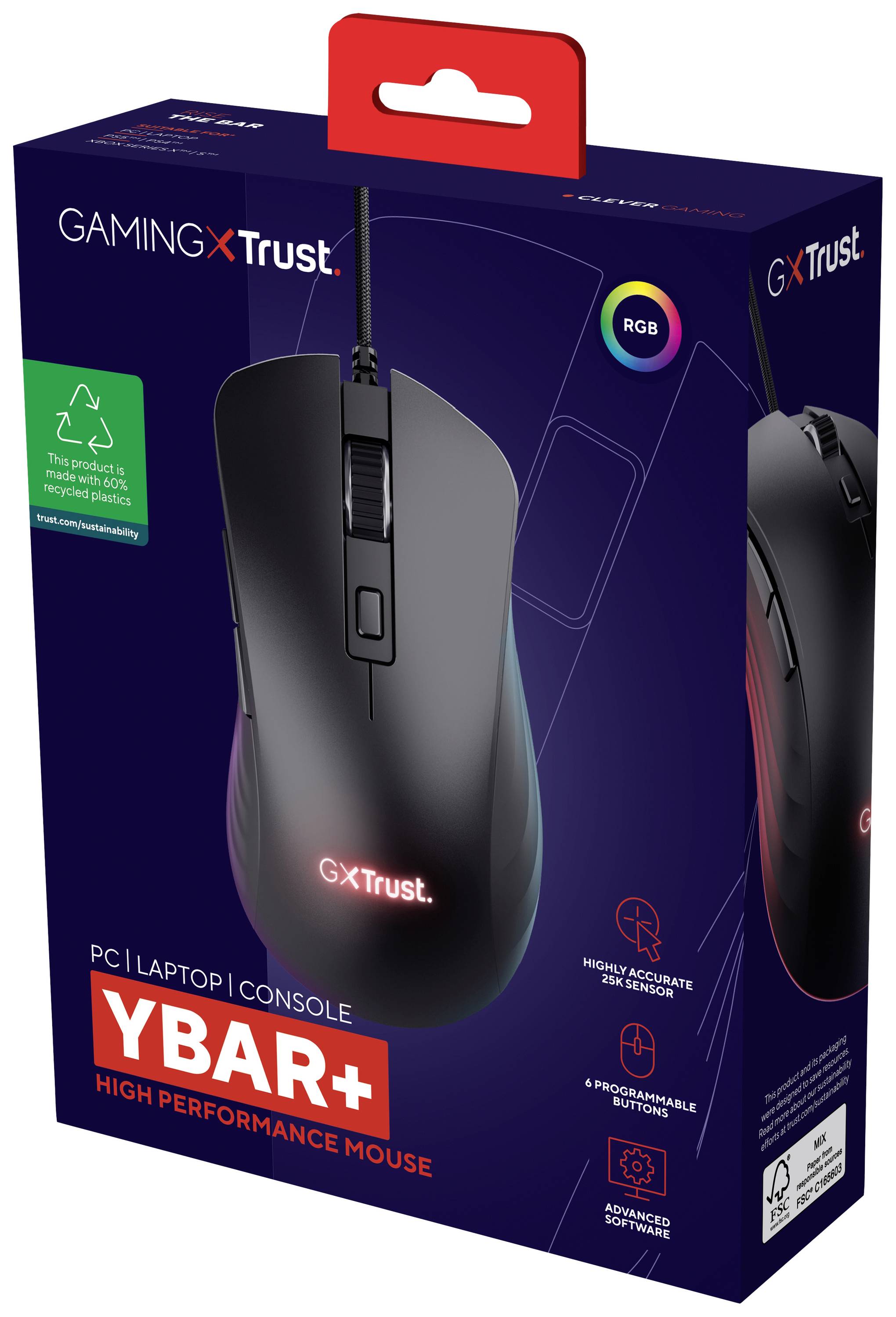 Eine Gaming-Maus von 'Trust' in ihrer Verpackung, mit RGB-Beleuchtung und sechs programmierbaren Tasten.