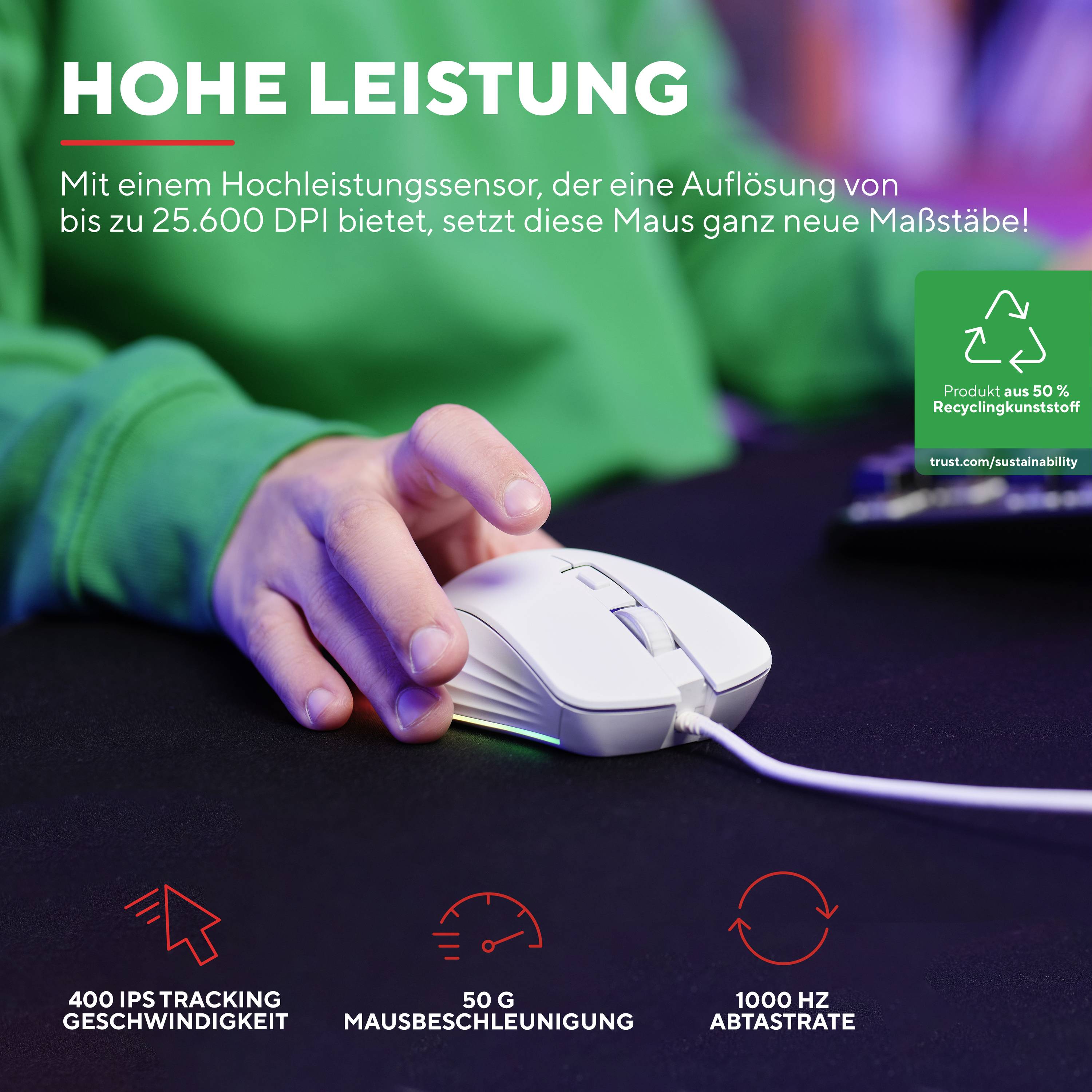 Trust GXT924W YBAR+ Gaming-Maus Kabelgebunden Optisch Weiß 6 Tasten 25600 dpi Beleuchtet