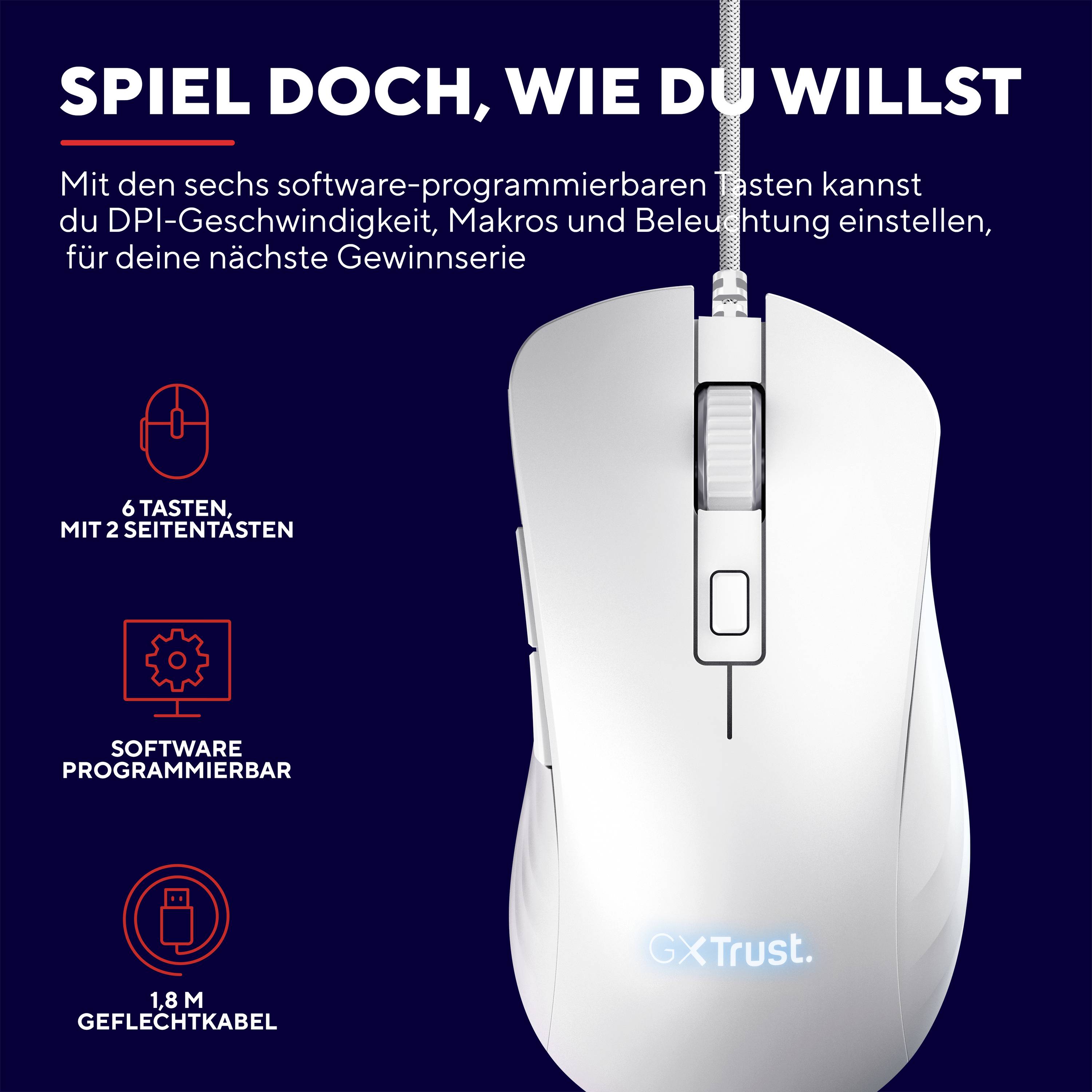 Trust GXT924W YBAR+ Gaming-Maus Kabelgebunden Optisch Weiß 6 Tasten 25600 dpi Beleuchtet