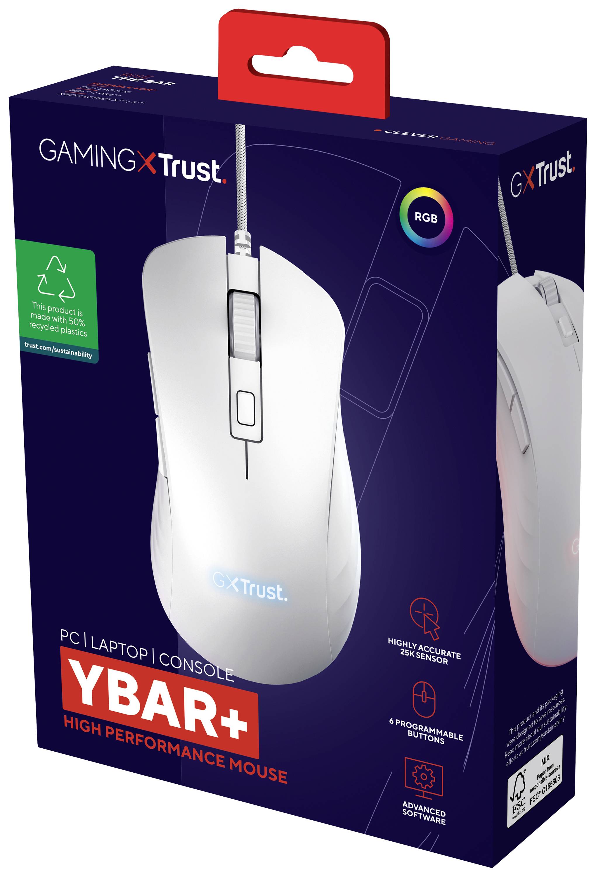 Trust GXT924W YBAR+ Gaming-Maus Kabelgebunden Optisch Weiß 6 Tasten 25600 dpi Beleuchtet