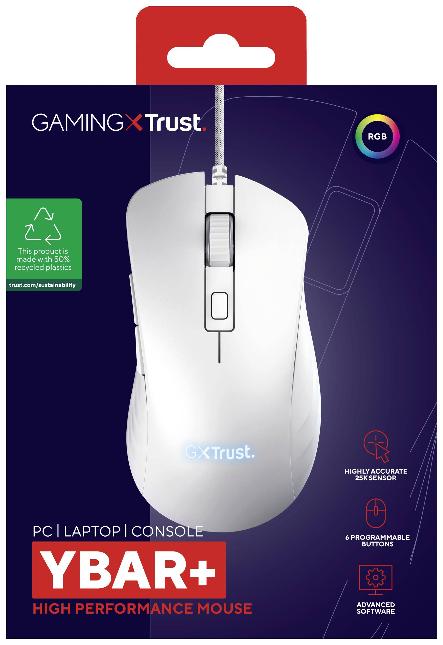 Trust GXT924W YBAR+ Gaming-Maus Kabelgebunden Optisch Weiß 6 Tasten 25600 dpi Beleuchtet
