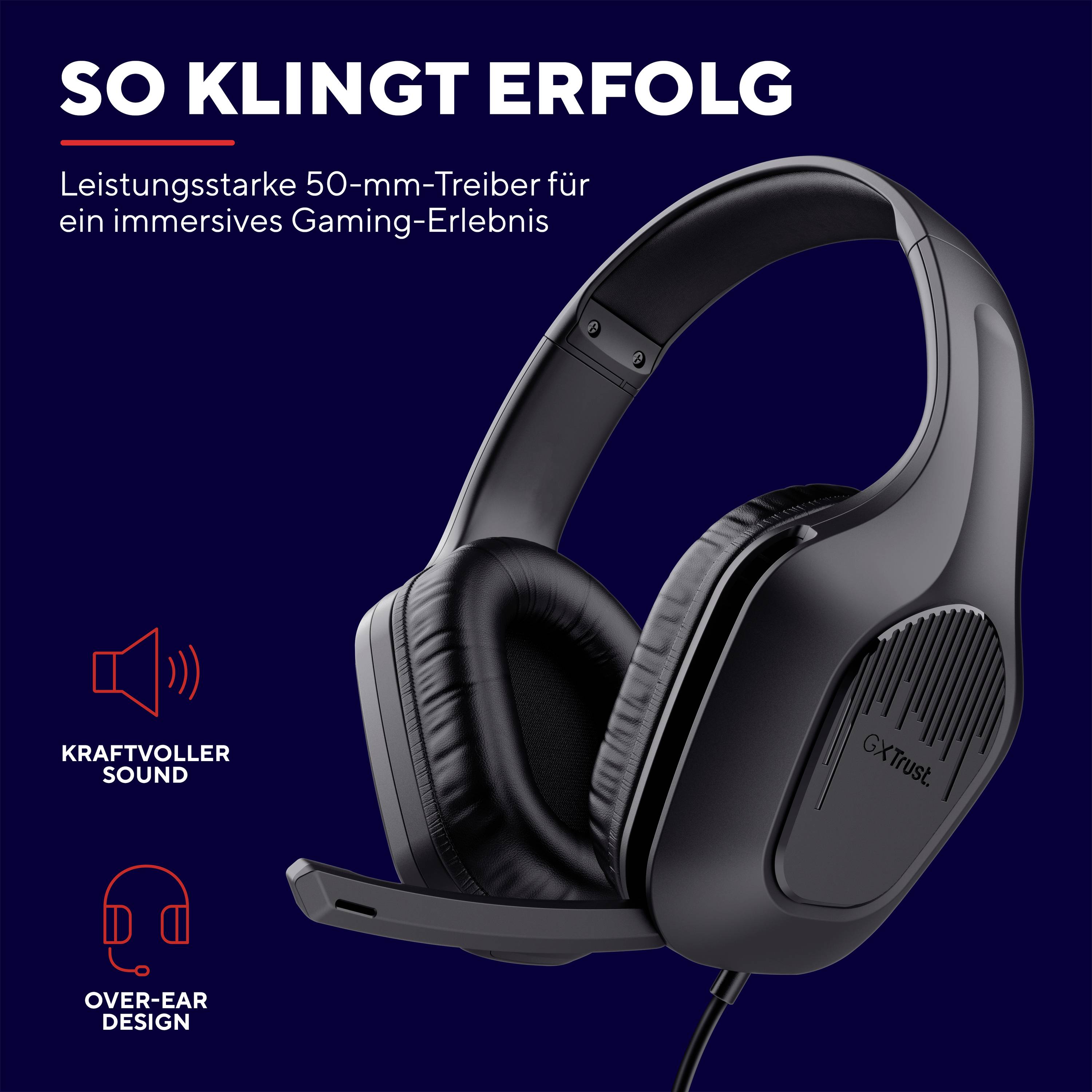Gaming-Headset mit Mikrofon auf dunkelblauem Hintergrund. Text oben: 'So klingt Erfolg'. Verkaufsargumente: kraftvoller Sound, Over-Ear Design.