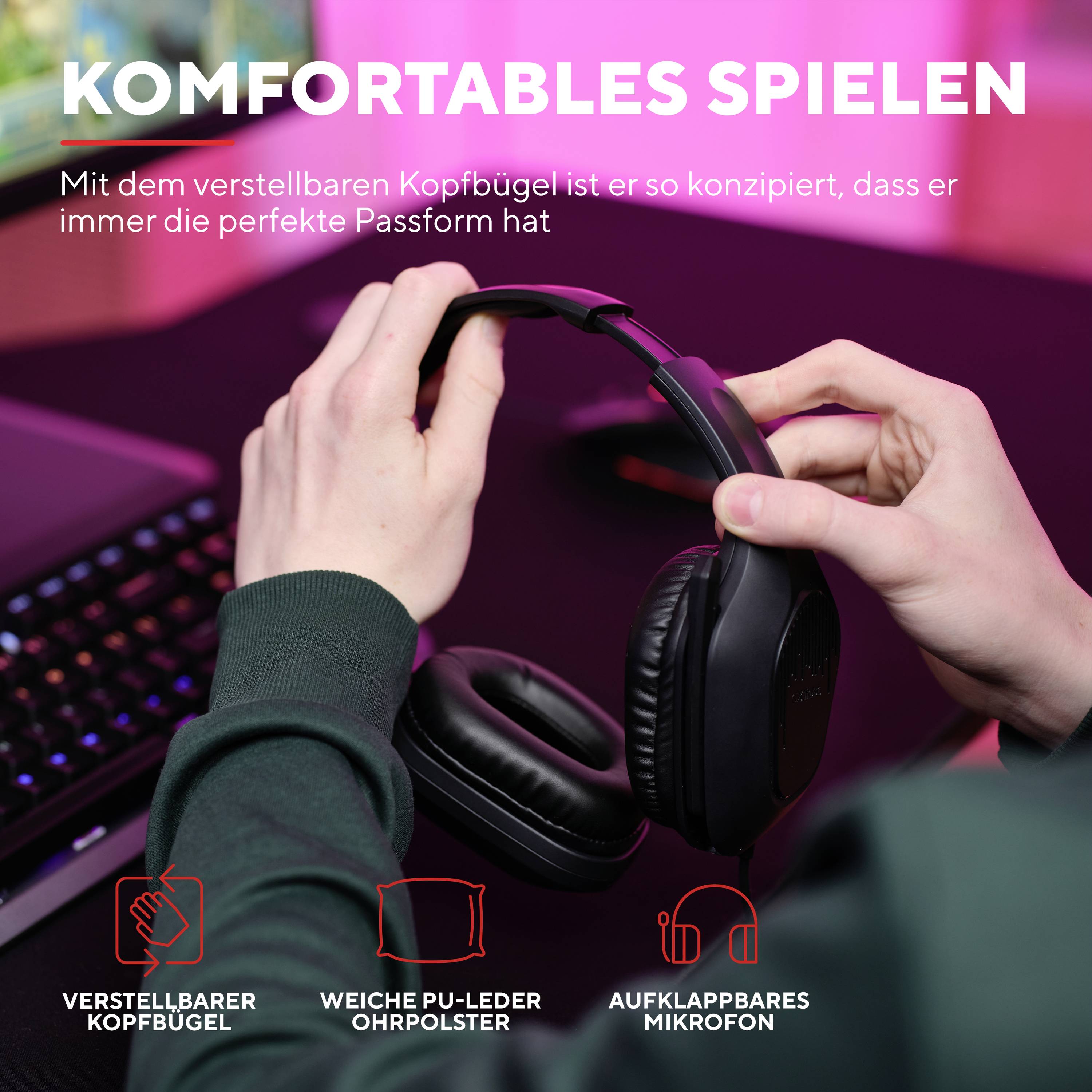 'Komfortables Spielen: Verstellbarer Kopfbügel' zeigt Hände, die ein schwarzes Gaming-Headset halten, vor einem unscharfen Hintergrund.