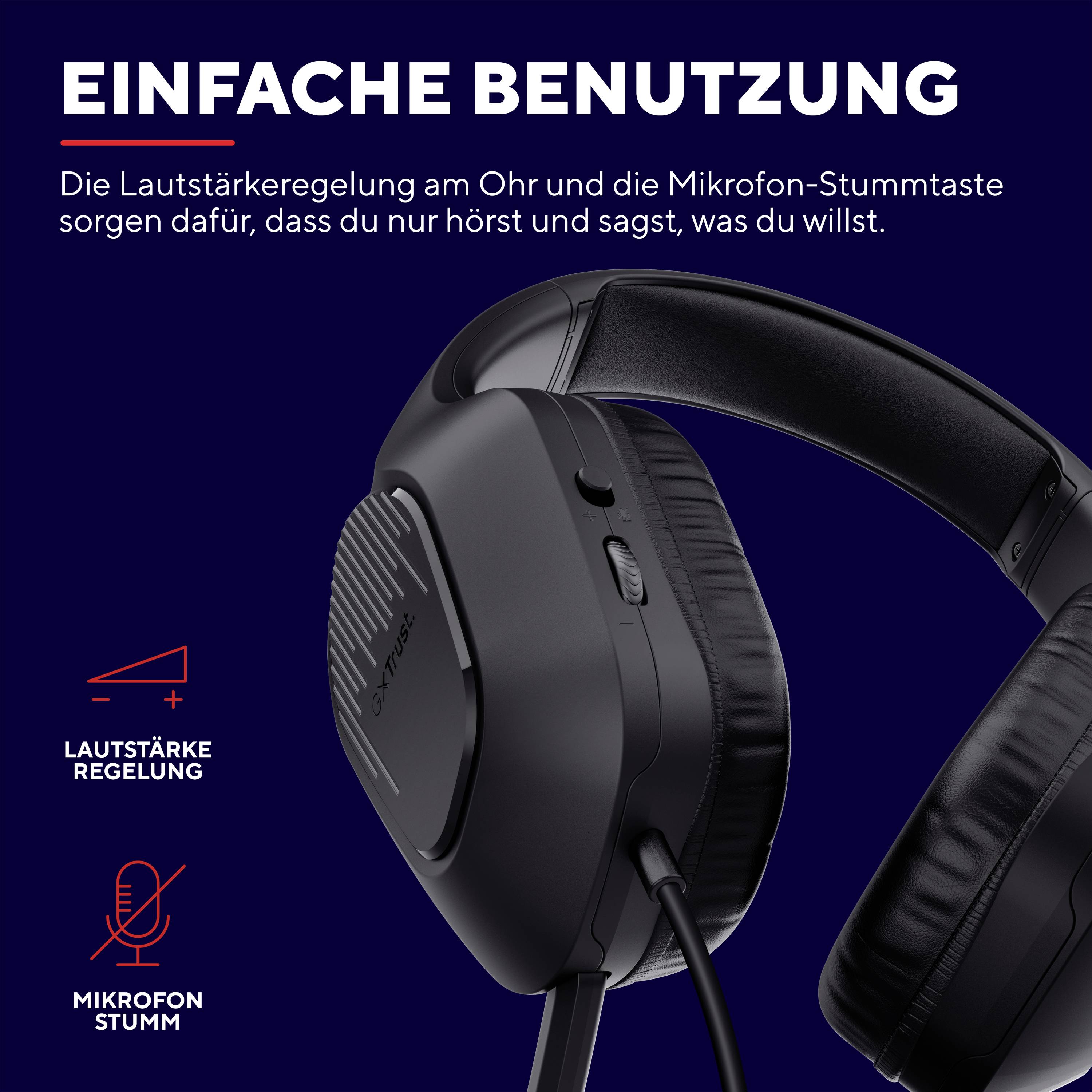 'Einfache Benutzung' steht oben. Darunter ist ein Headset abgebildet. Links Symbole für Lautstärke und Mikrofon, mit Beschriftungen.