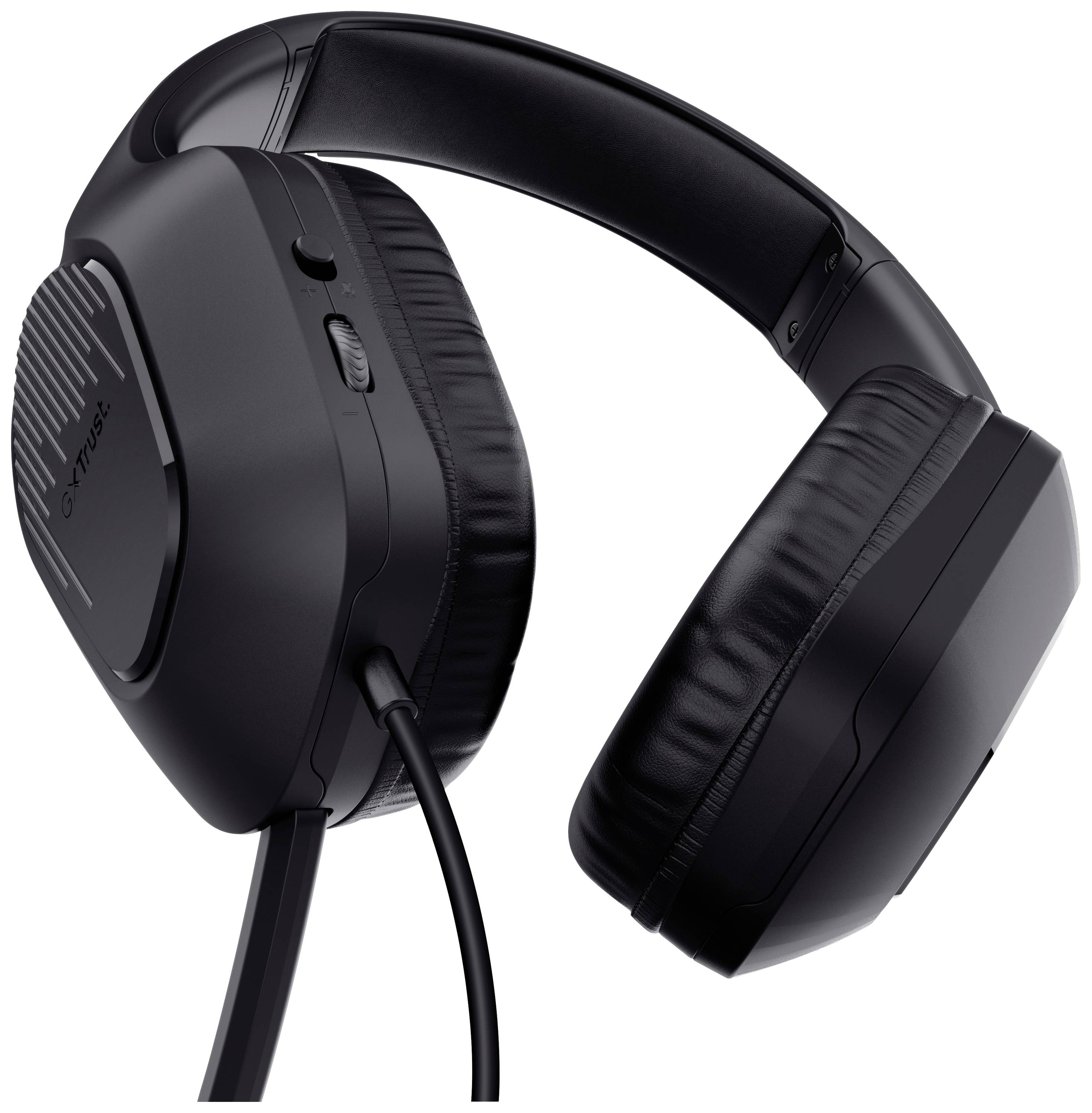 Schwarzer Over-Ear-Kopfhörer mit Kabel. Gepolsterte Ohrmuscheln und verstellbarer Bügel. Ideal für Musikgenuss oder Telefonate.