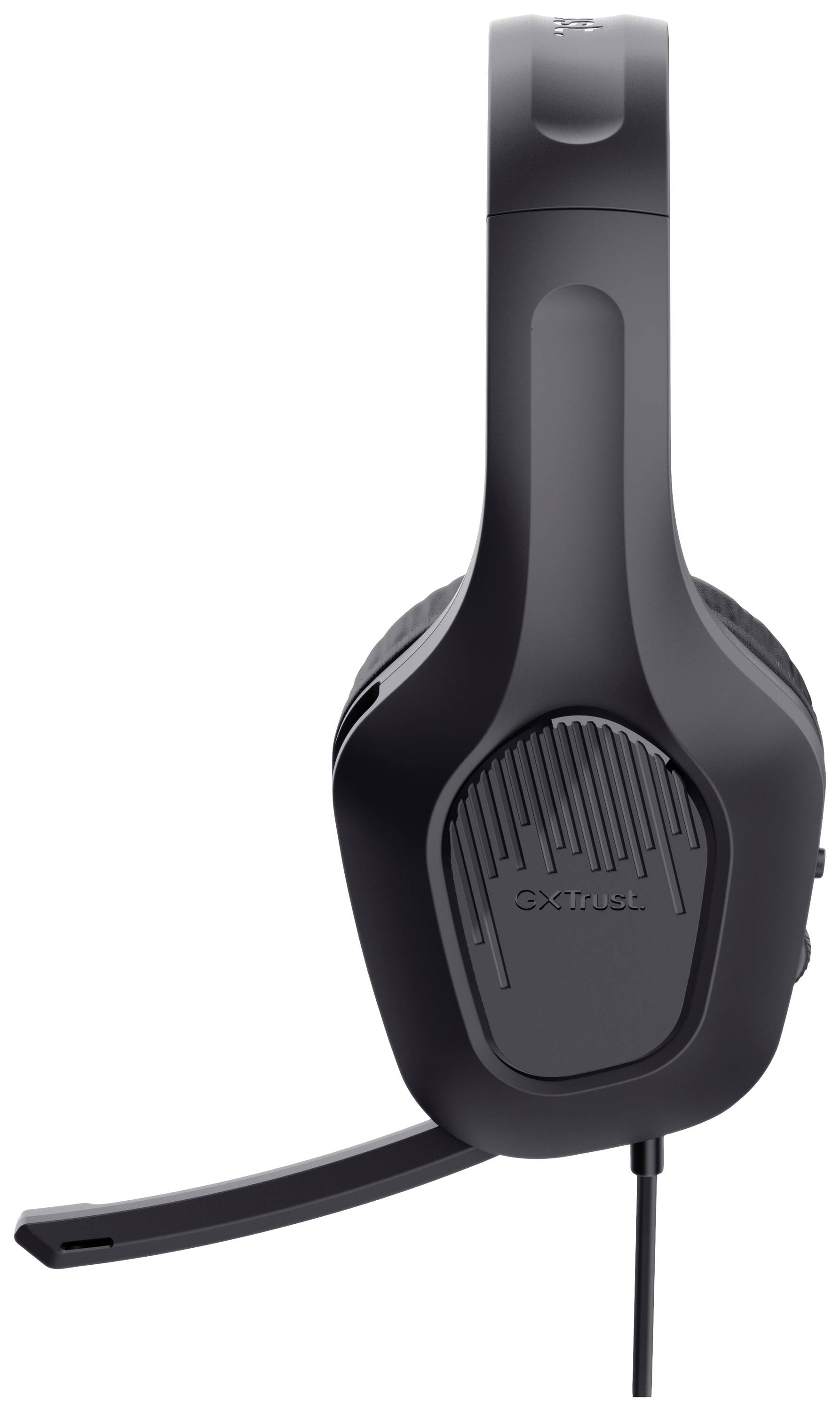 Schwarzes kabelgebundenes Gaming-Headset mit Mikrofon, seitliche Ansicht. Komfortabel für längeres Spielen oder Arbeiten konzipiert.