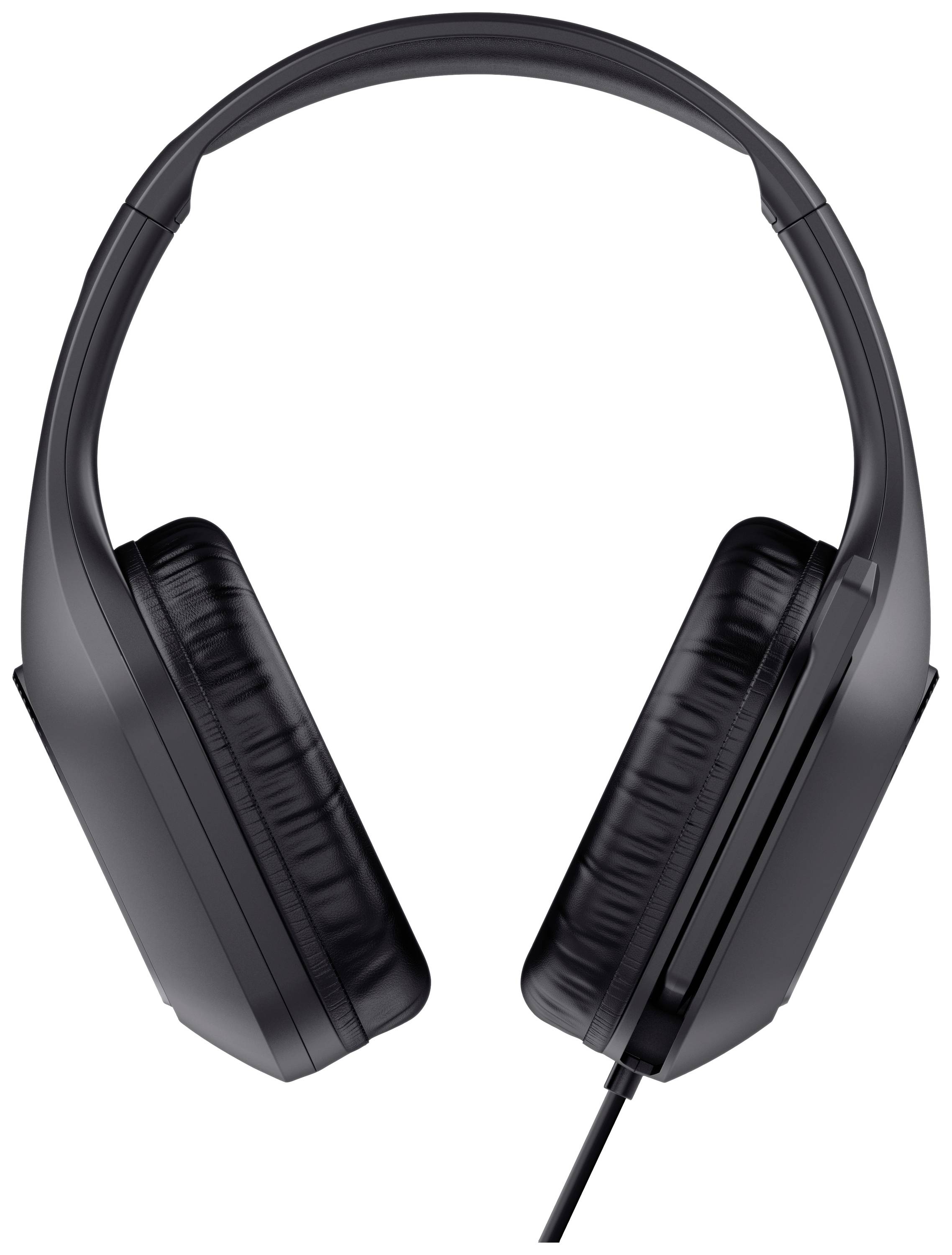 Schwarze Over-Ear-Kopfhörer mit Kabel, frontal abgebildet. Sie sind schlicht im Design und haben gepolsterte Ohrmuscheln.